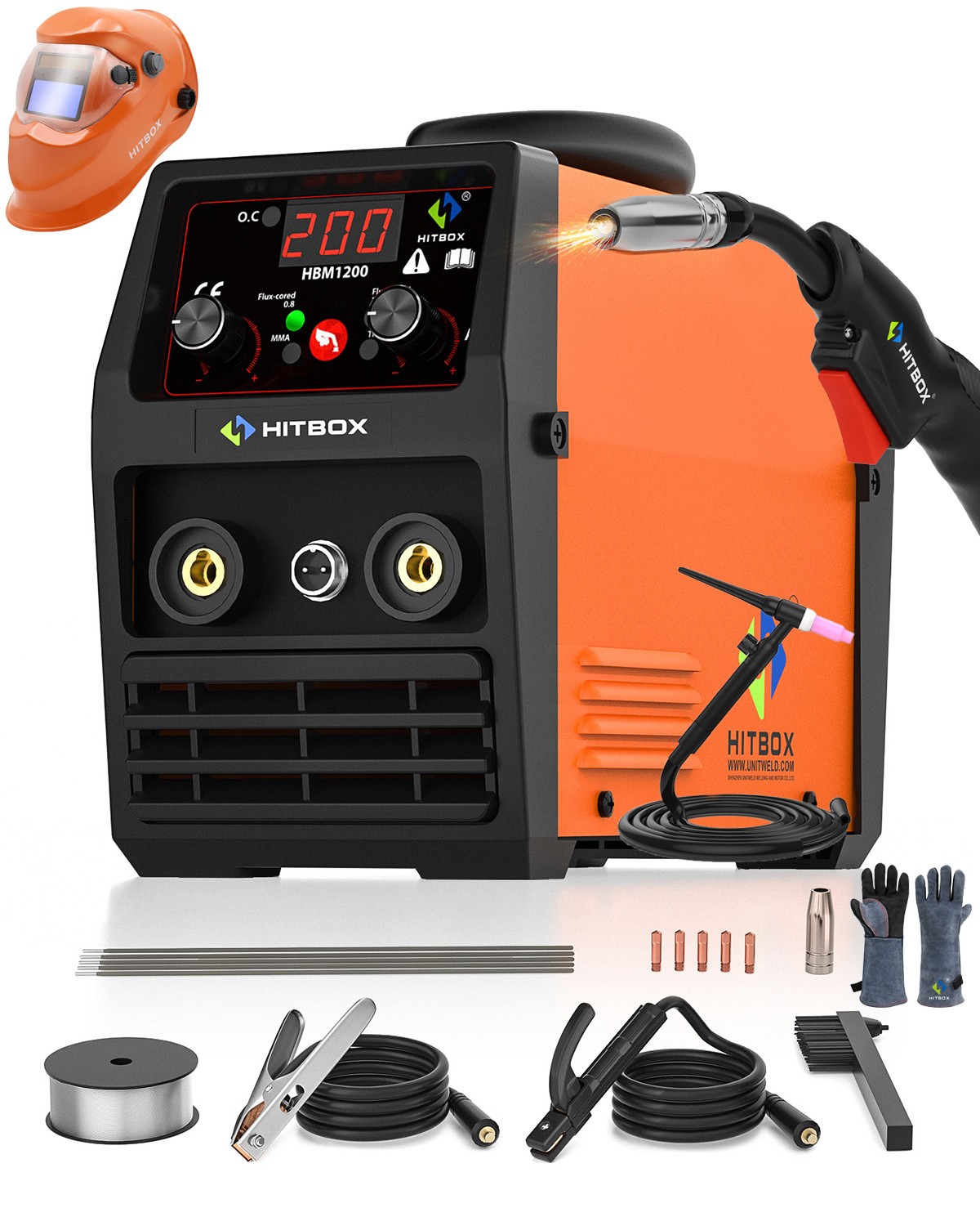 HITBOX 3 IN 1 MIG WELDER 200AMP DC GASLESS TIG ARC MIG 110V/220V w/TIG TORCH SET