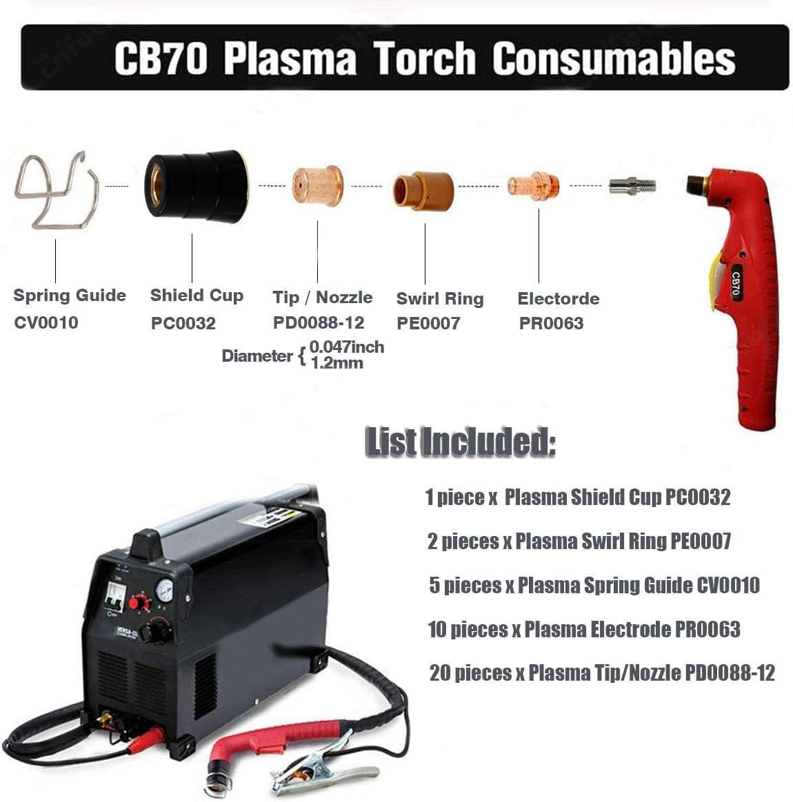 CB70 Torch Plasma Cutting Consumables Kit PR0063 PD0088-12 for Eastwood Versa-Cu