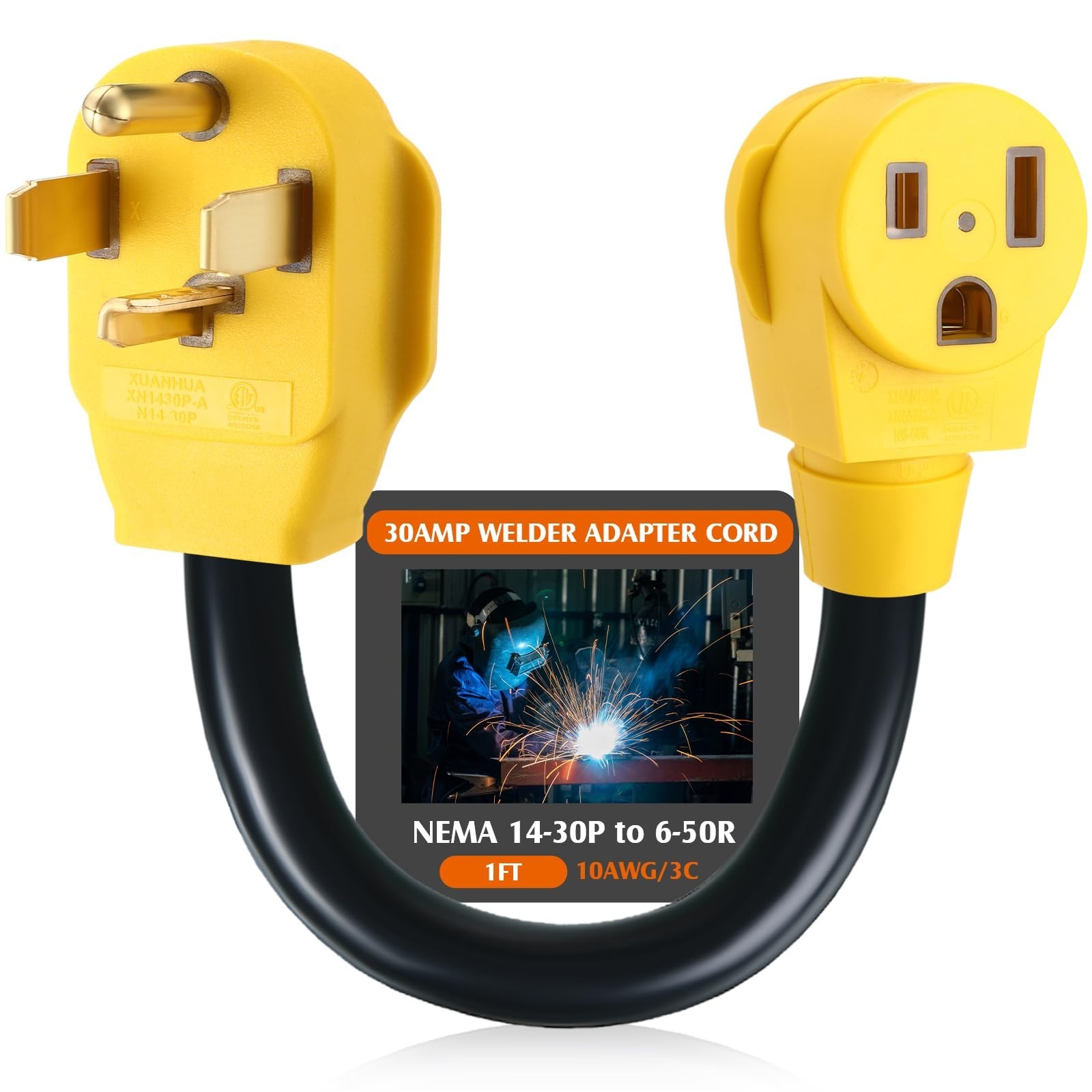 1ft NEMA 14-30P to 6-50R Welder Adapter Cord, 30A Male to 50A Female Power Cable