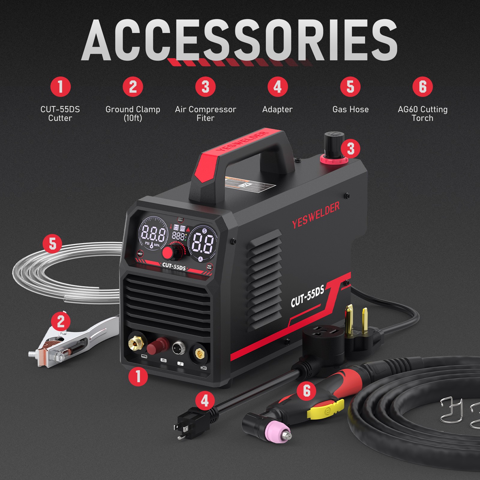 YESWELDER CUT-55DS: Helmet+Gloves+ETL, 55A Plasma Cutter 110V/220V