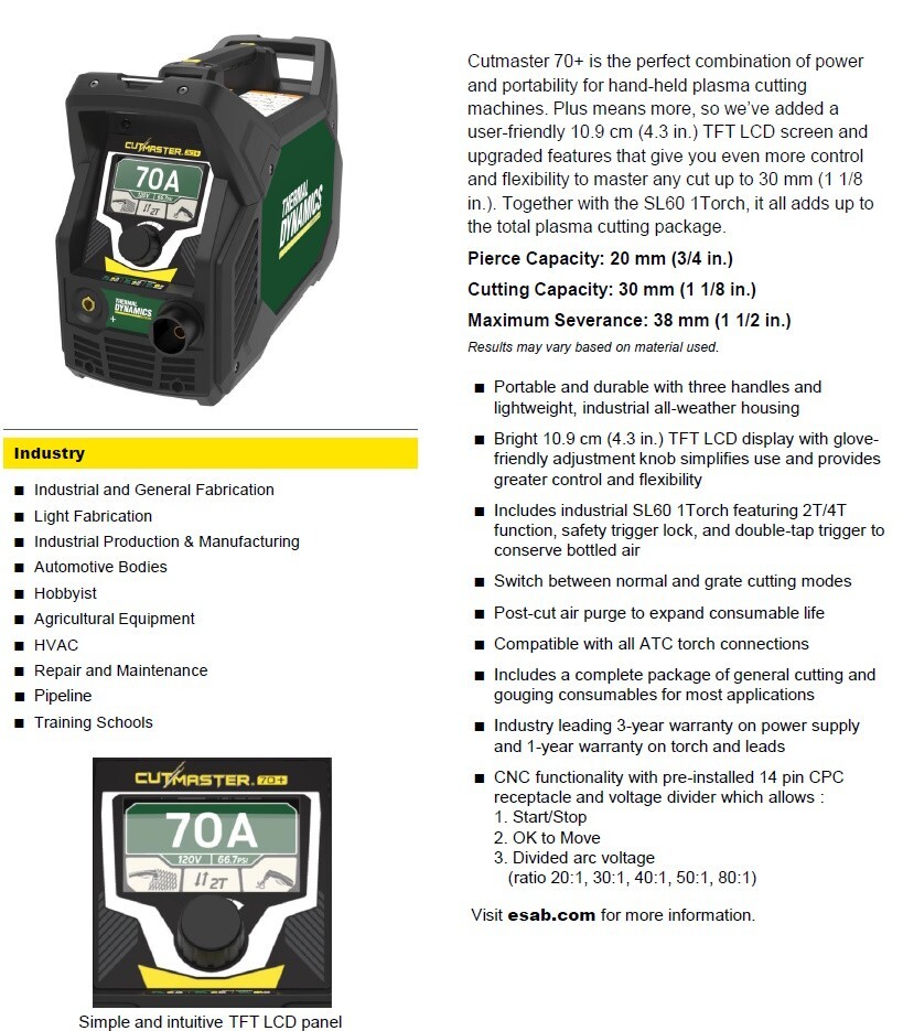 Thermal Dynamics Cutmaster 70+ Plasma Cutter 120/240V (1-7000-1)