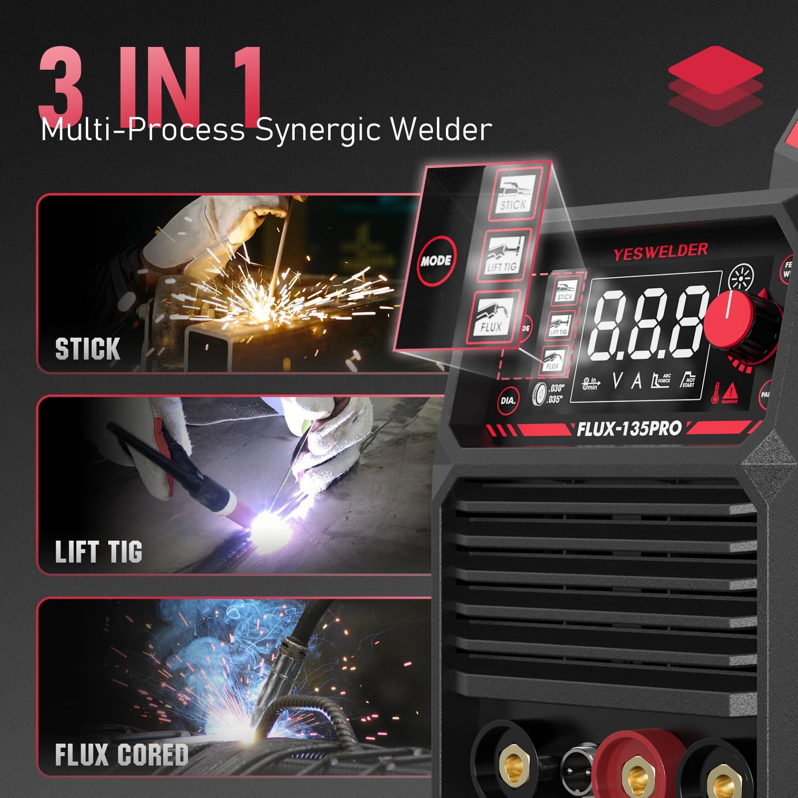 YESWELDER 135A MIG Welder, 110V Flux Core MIG/Lift TIG/Stick 3in1 Large LED D…
