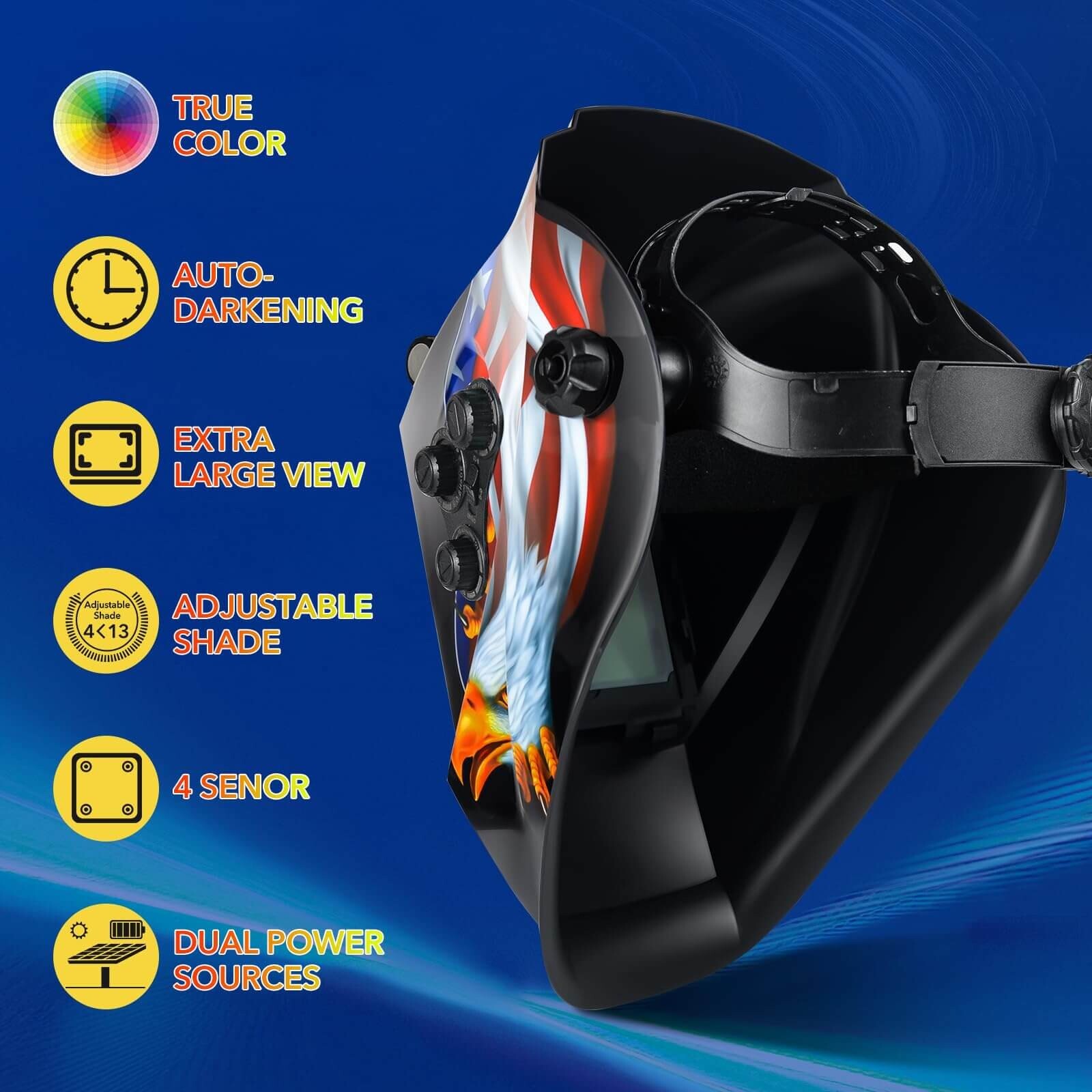 TRQWH Auto Darkening Welding Helmet True Color Solar & 3 Pcs Welding Caps