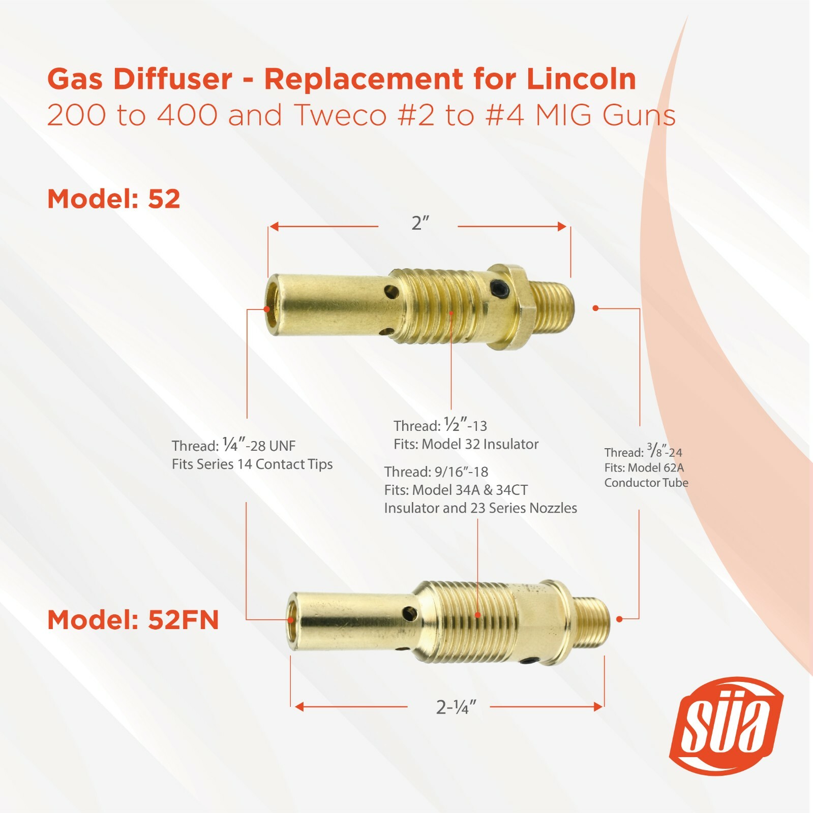 Gas Diffuser Replacement for LIN 200-400 and Tweco #2 -#4 Guns – Mod: 52 & 52FN