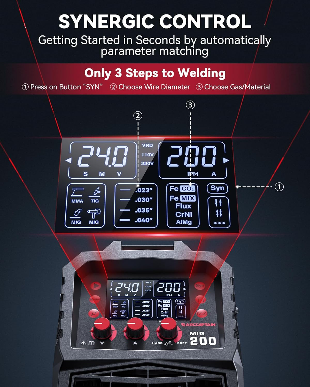 ARCCAPTAIN MIG Welder 200Amp 6 in 1 Aluminum LED Stick/Lift TIG + Welding Helmet