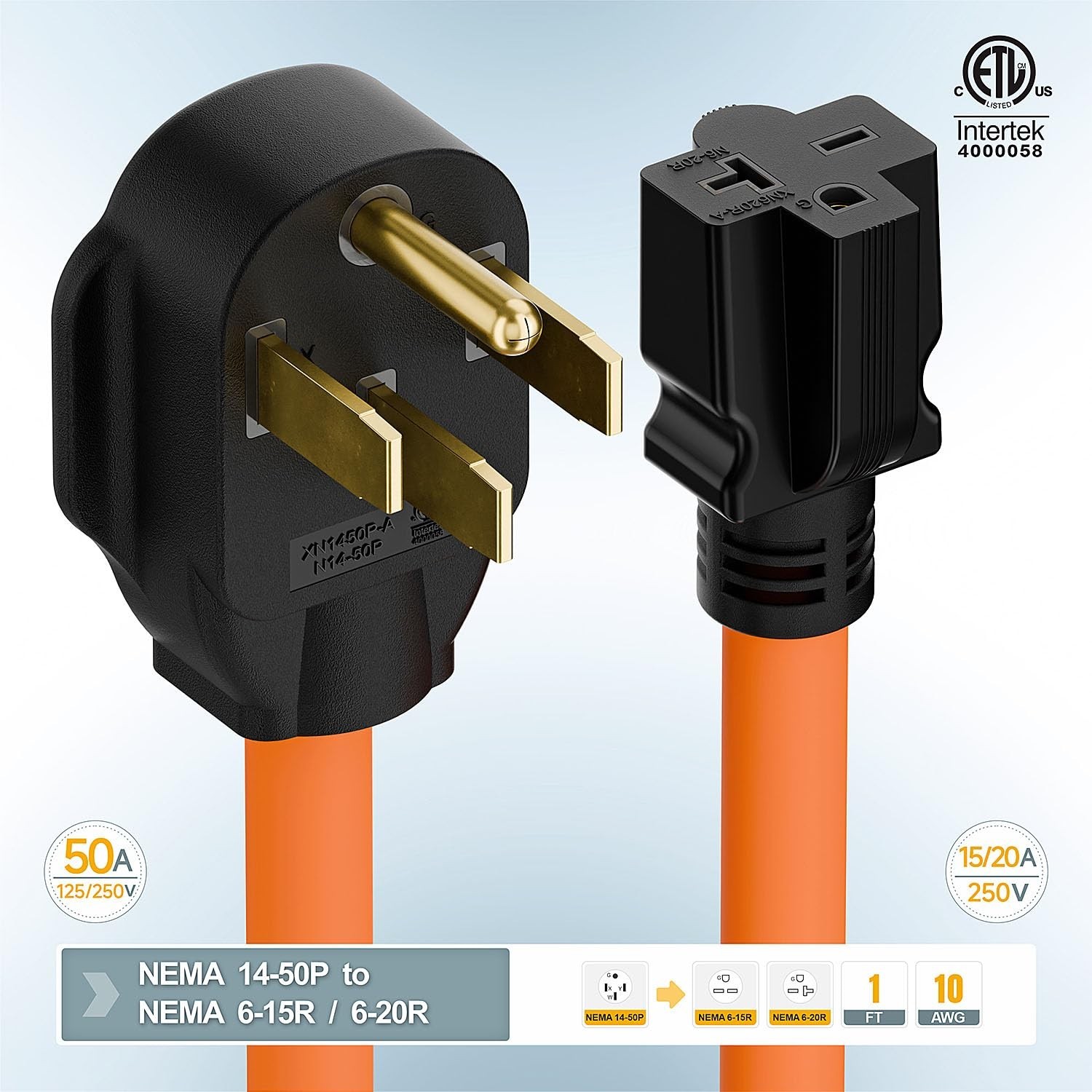 Heavy Duty 1FT 10/3 Nema 14-50P to 6-20R/6-15R T-Blade Adapter, 50A to 20A EV Ch
