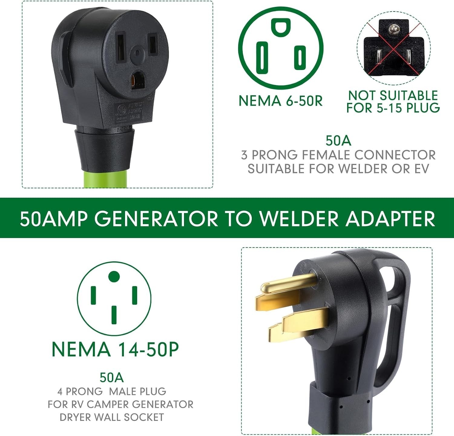 50 Amp NEMA 14-50P to 6-50R Adapter Cord – Durable 15FT Power Cable for Welders