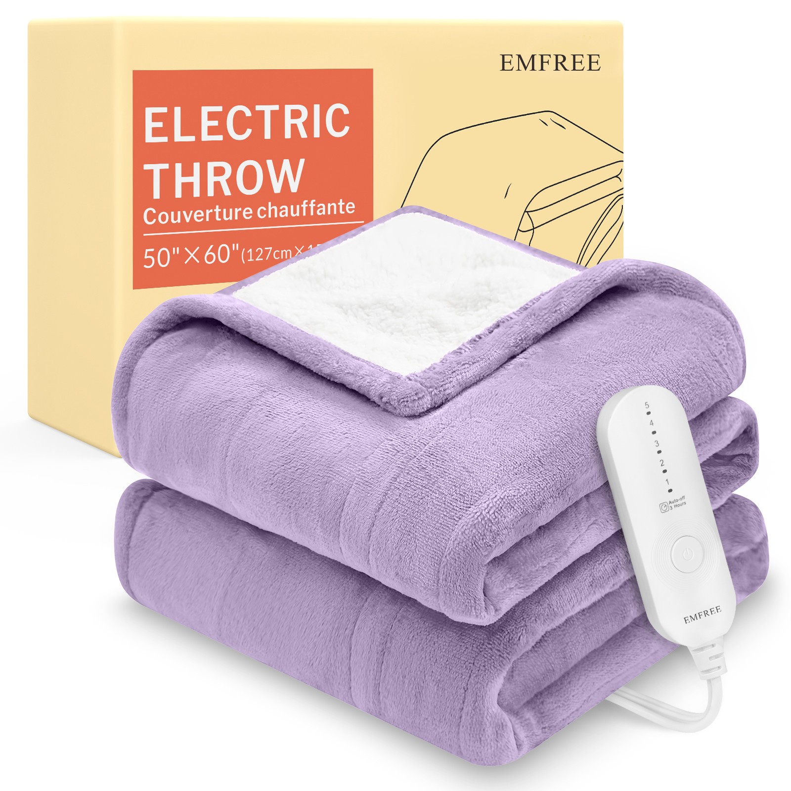 Heated Blanket Throw, Flannel Sherpa 5 Heat 3H Timer Auto Off, 50″x60″ Purple