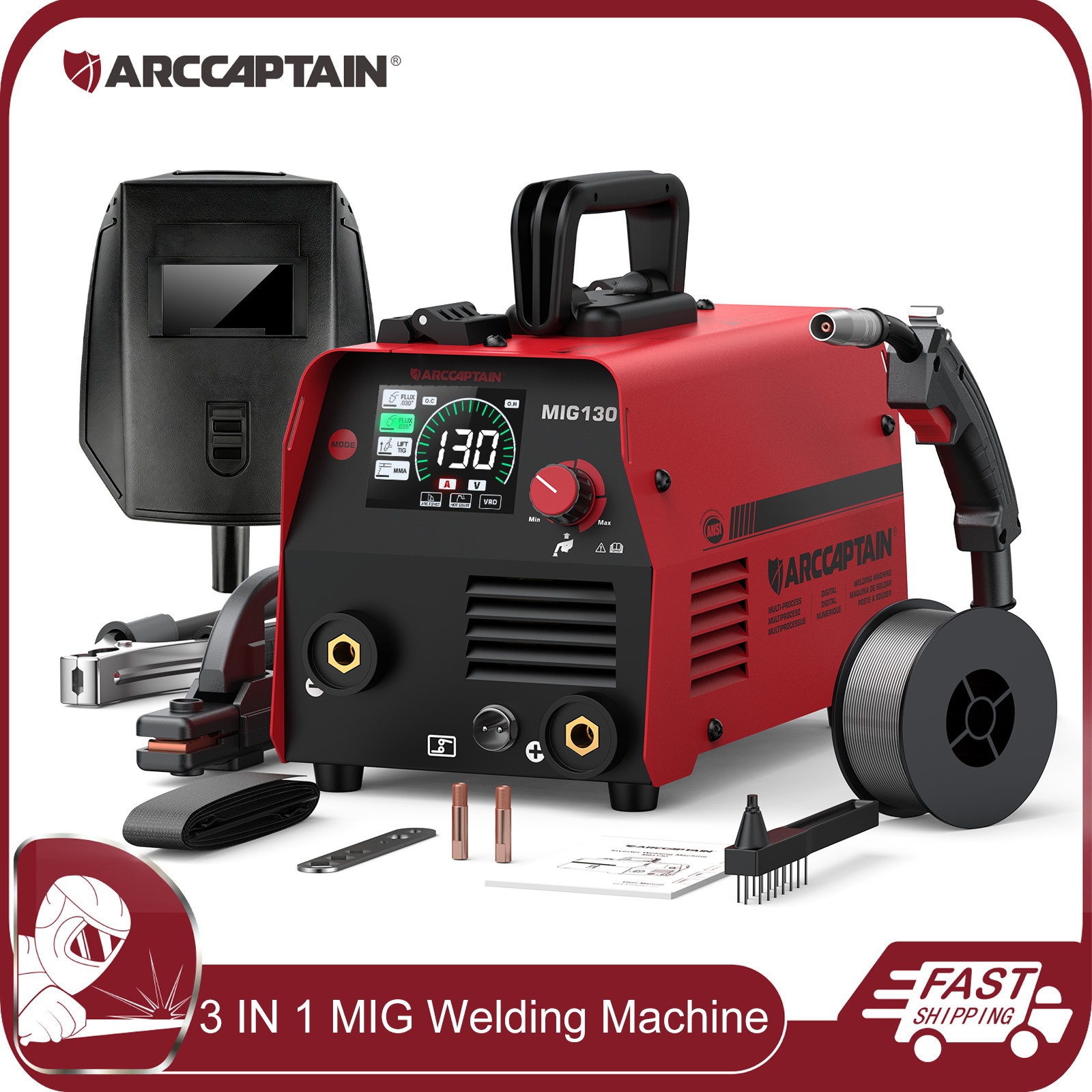 ARCCAPTAIN 130A MIG Welder 3-In-1 Digital Flux Core Mig/Lift TIG MMA Portable US