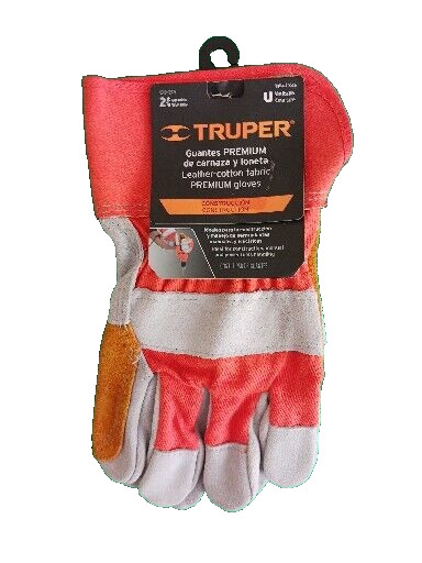 Truper GU-215 Premium Gloves, Leather Reinforcement In Palm, Index Finger, Thumb
