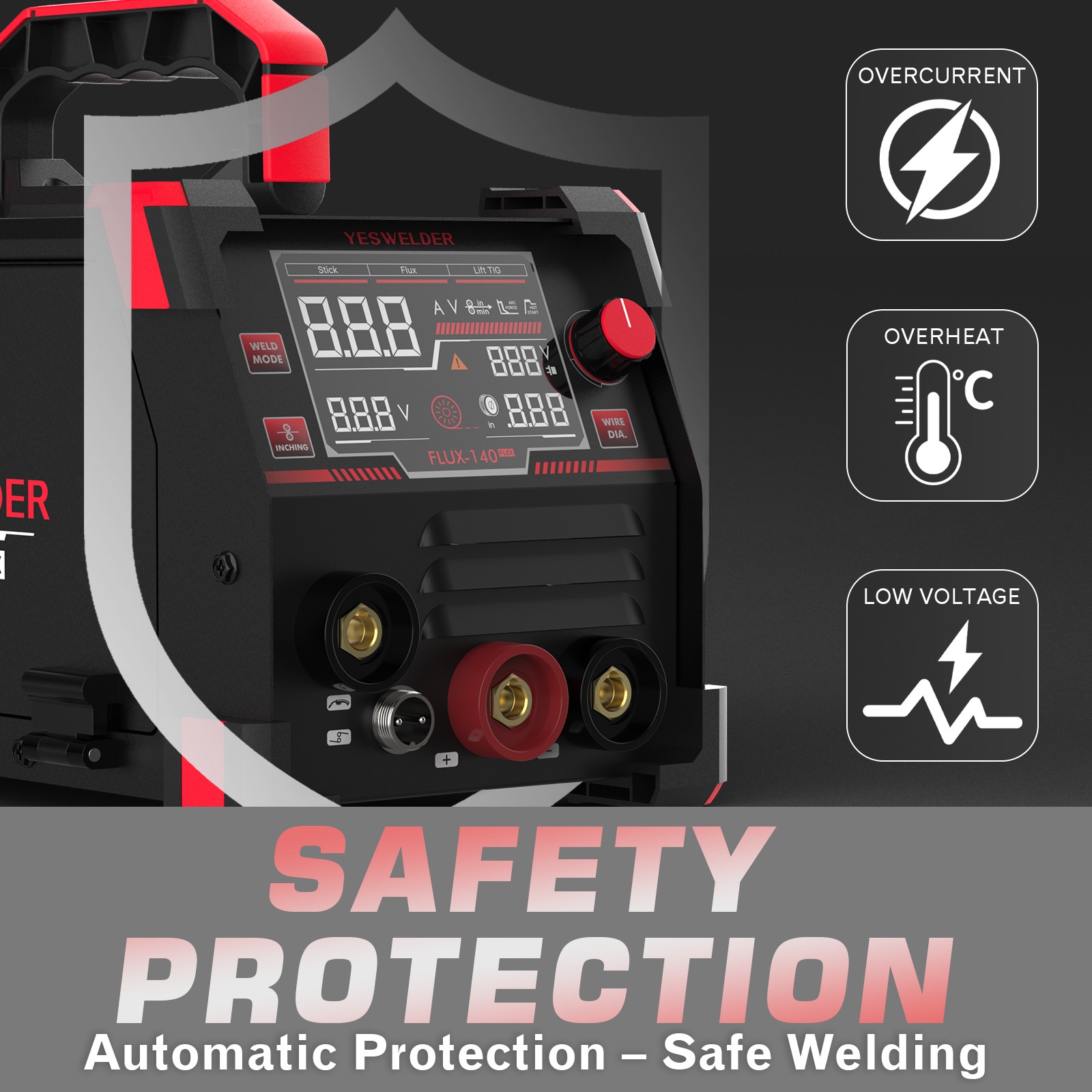 140A MIG Welder 110V, 3-in-1 Flux Core/Lift TIG/Stick, Large LED Display, IGBT