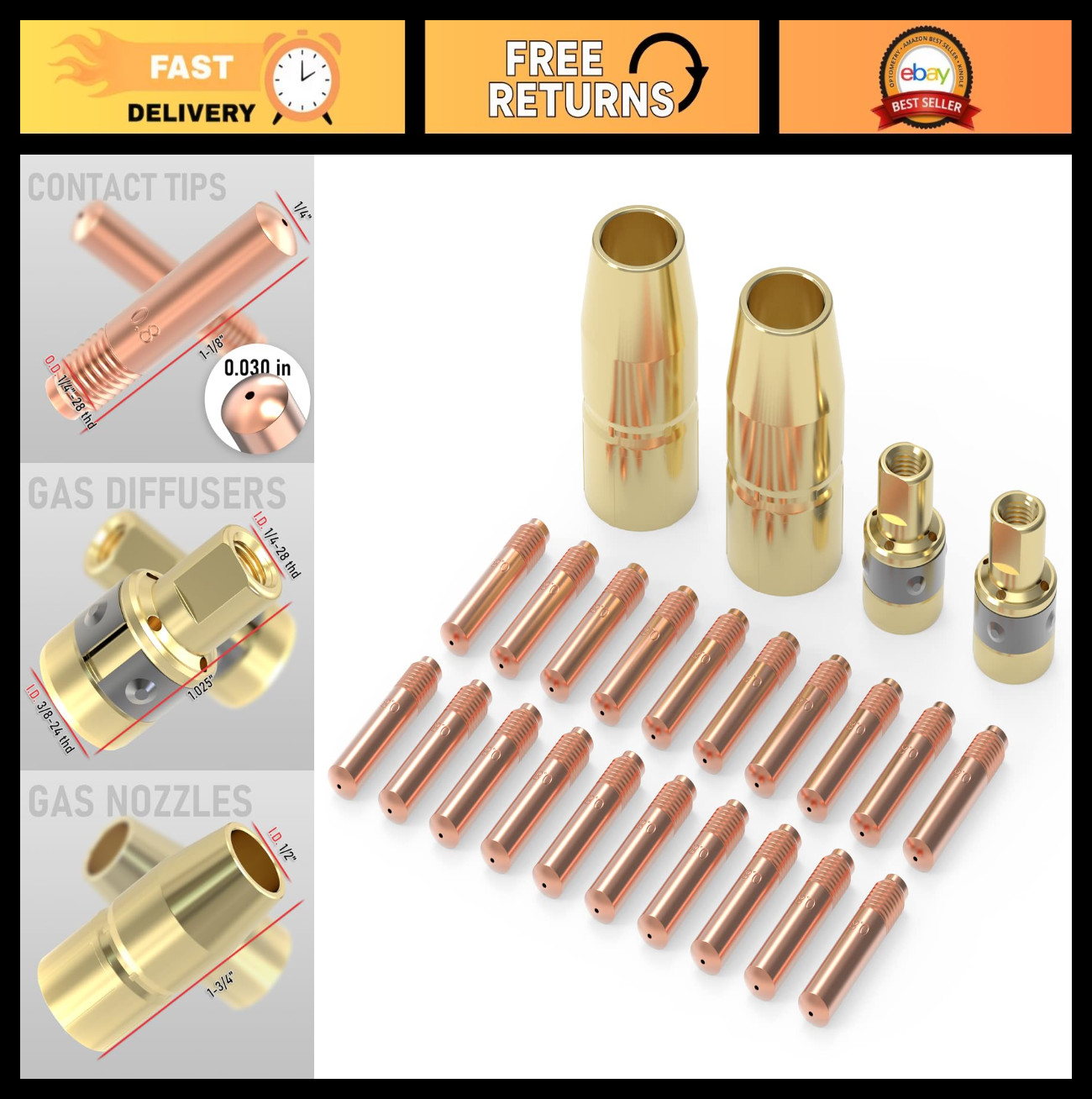 MIG Welding Gun Accessory Kit .030″ Tip, Nozzle & Diffusers for Millermatic & Ho