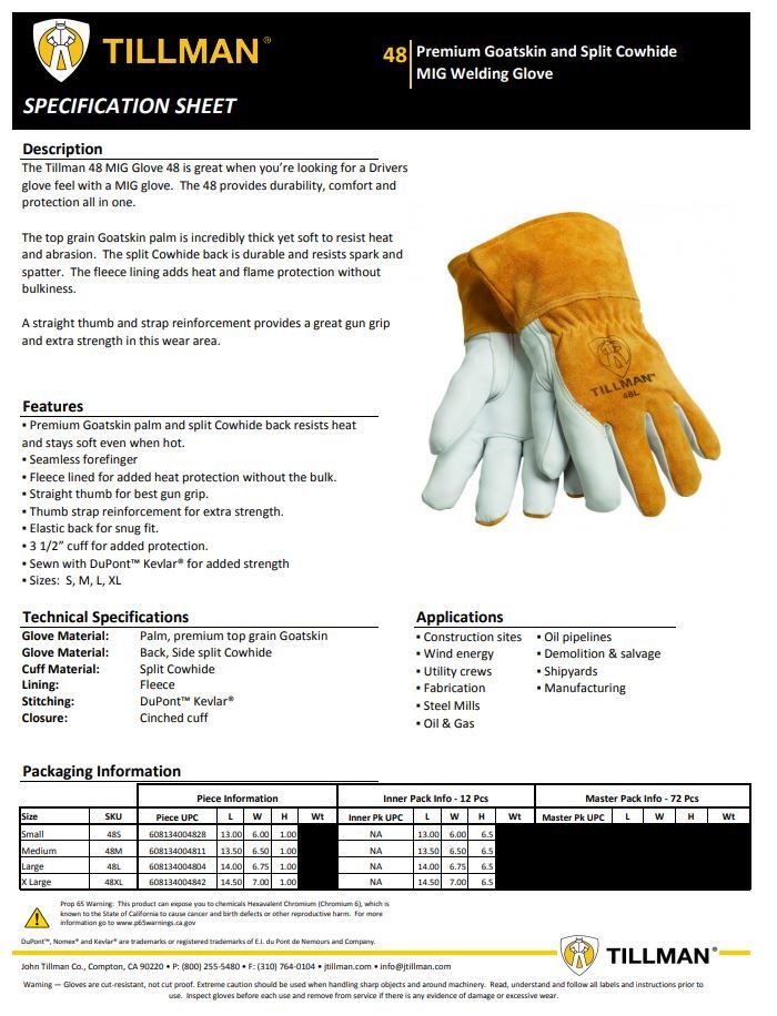Tillman 48 Top Grain Premium Goatskin Cowhide Fleece Lined MIG Welding Gloves
