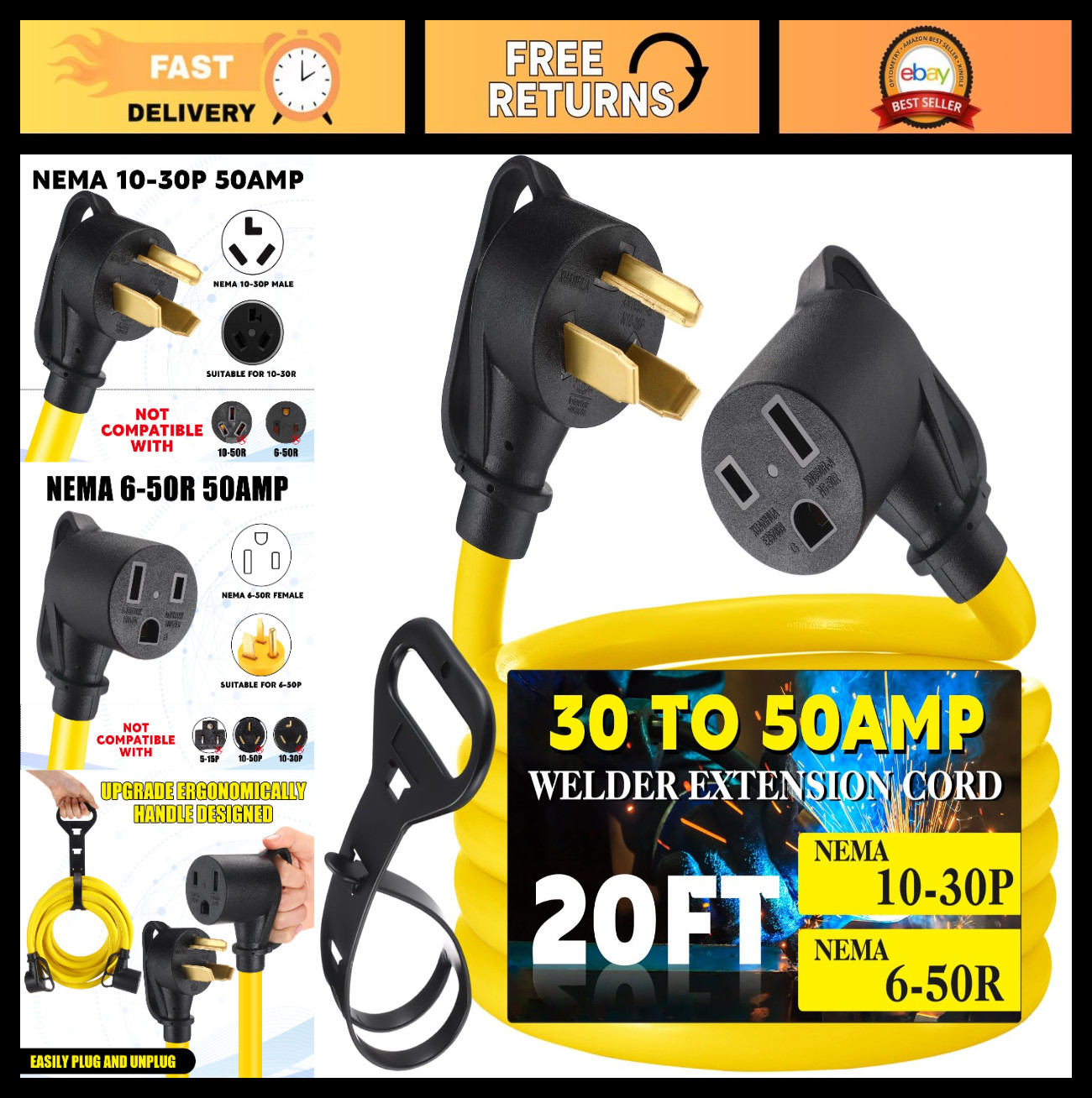 30 Amp to 50 Amp Welder Adapter Cord 20ft, NEMA 10-30P to 6-50R, Heavy Duty Exte