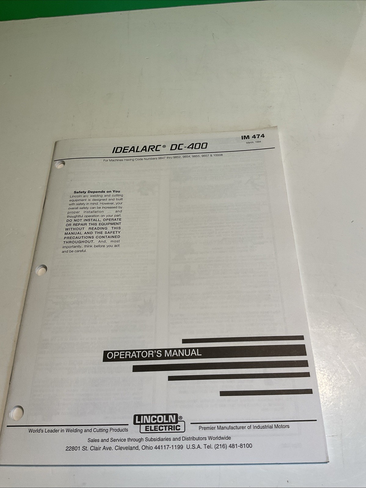 Lincoln Electric Idealarc DC-400 Welding Owners Manual IM 474 1994