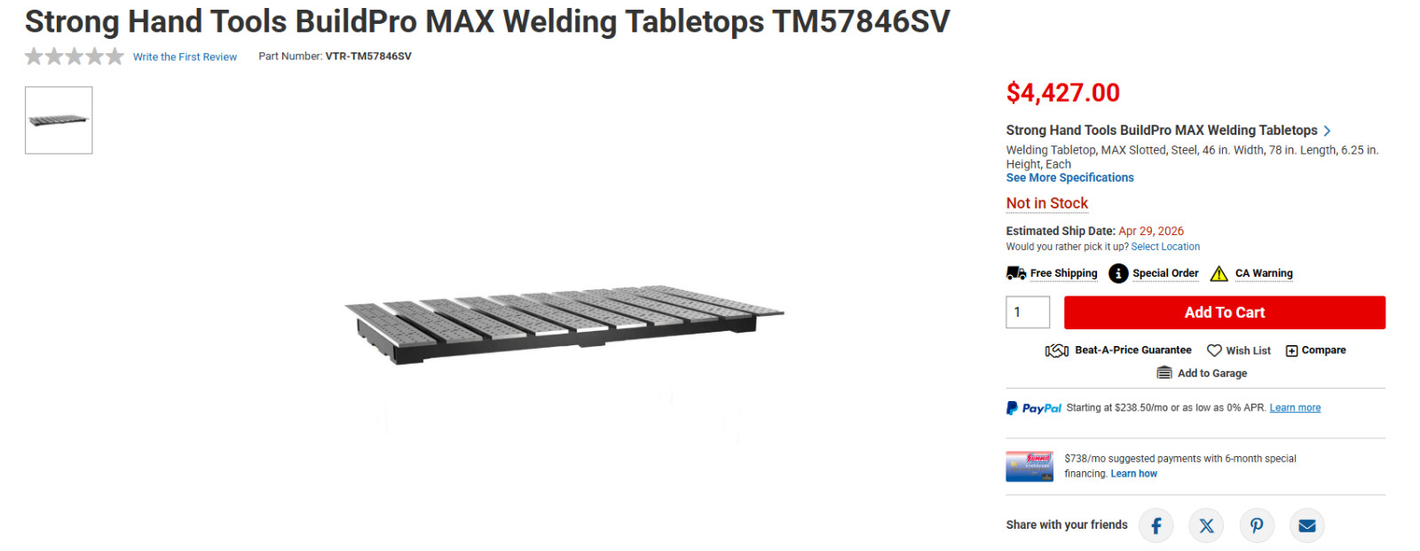 StrongHand Tools BuildPro Max Welding Table Tops TM57846SV – WITHOUT LEGS
