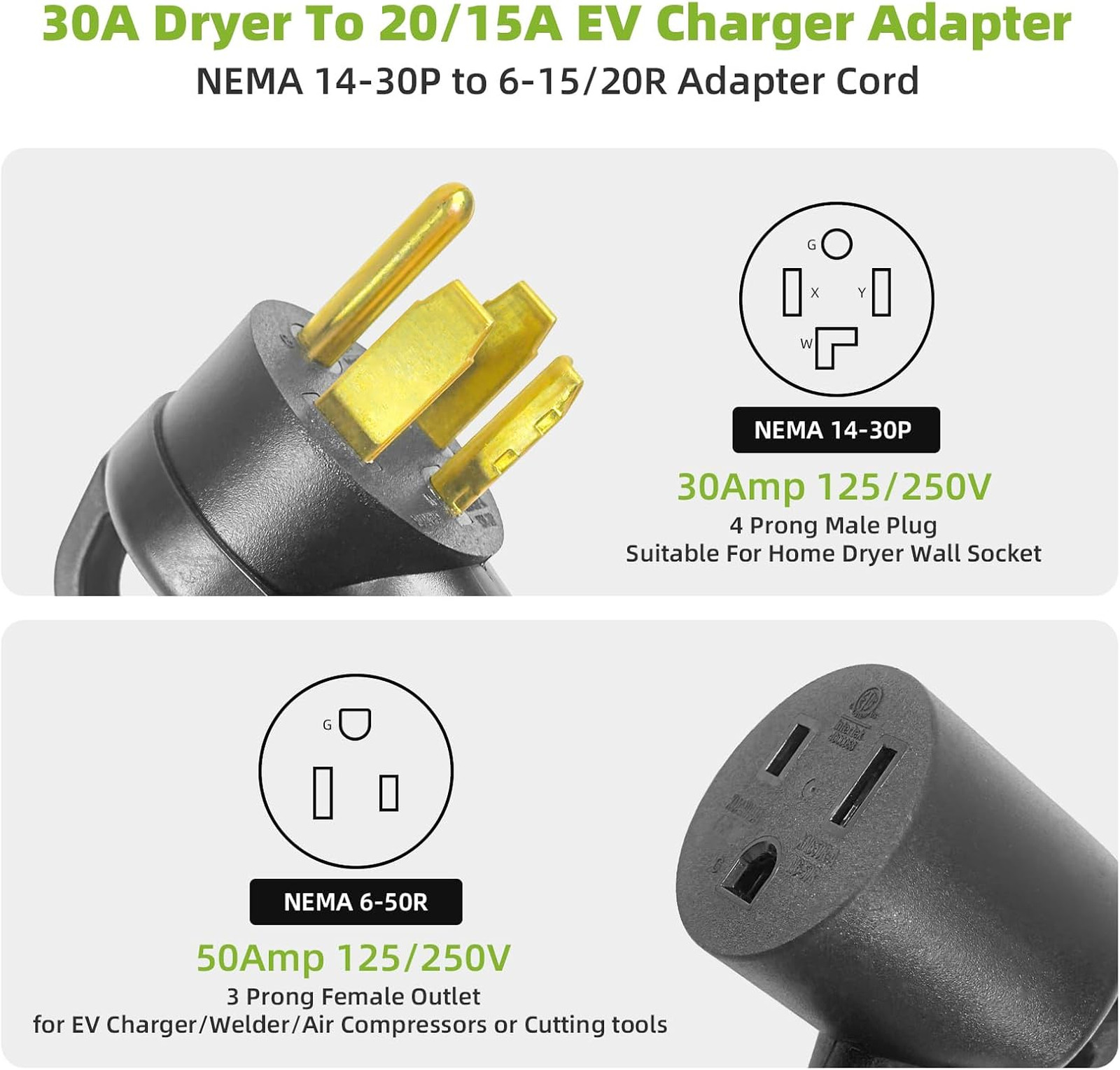 30 Amp NEMA 14-30P to 6-50R Welder Adapter Cord, 1FT | 10AWG STW Copper Wire