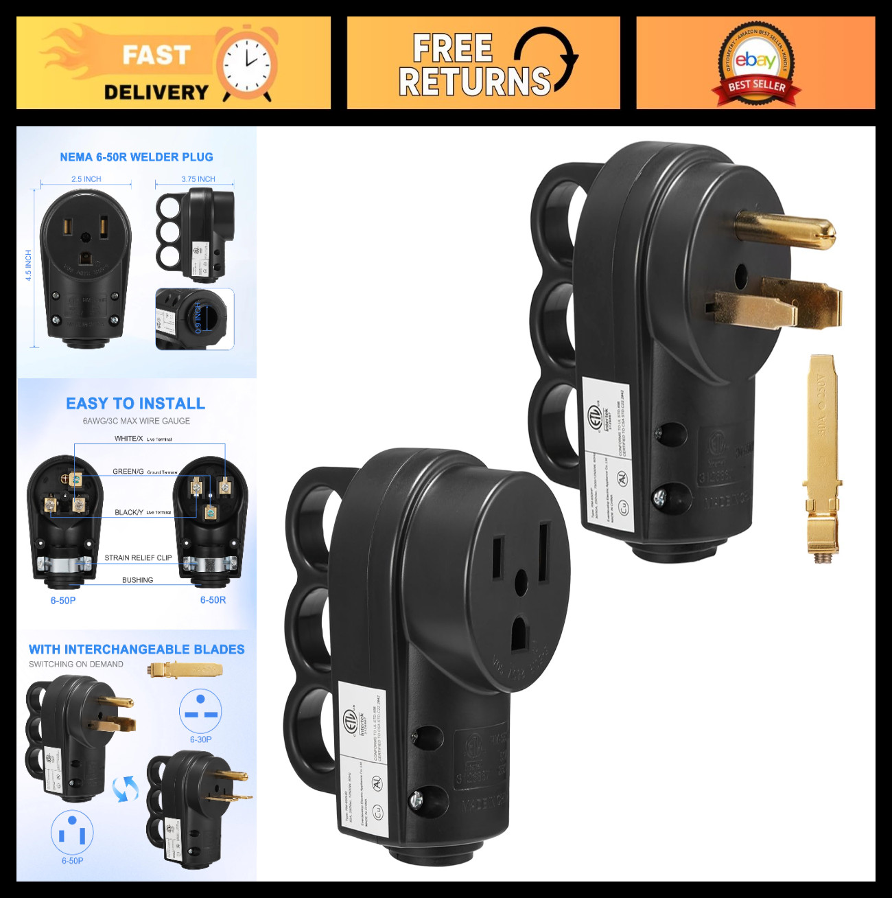 50 Amp NEMA 6-50 Welder Plug & Connector Set, 250V Heavy Duty 2-in-1, Easy Unplu