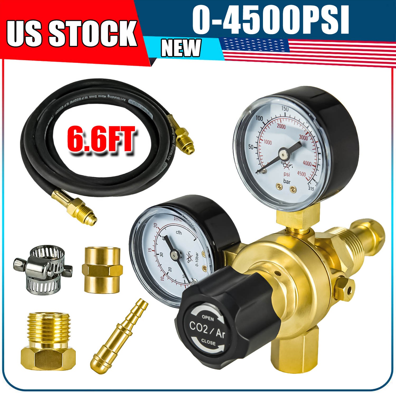 0-4500PSI Argon CO2 Flow Meter Welding Regulator Welder Gauge Gas+6.6FT Hose