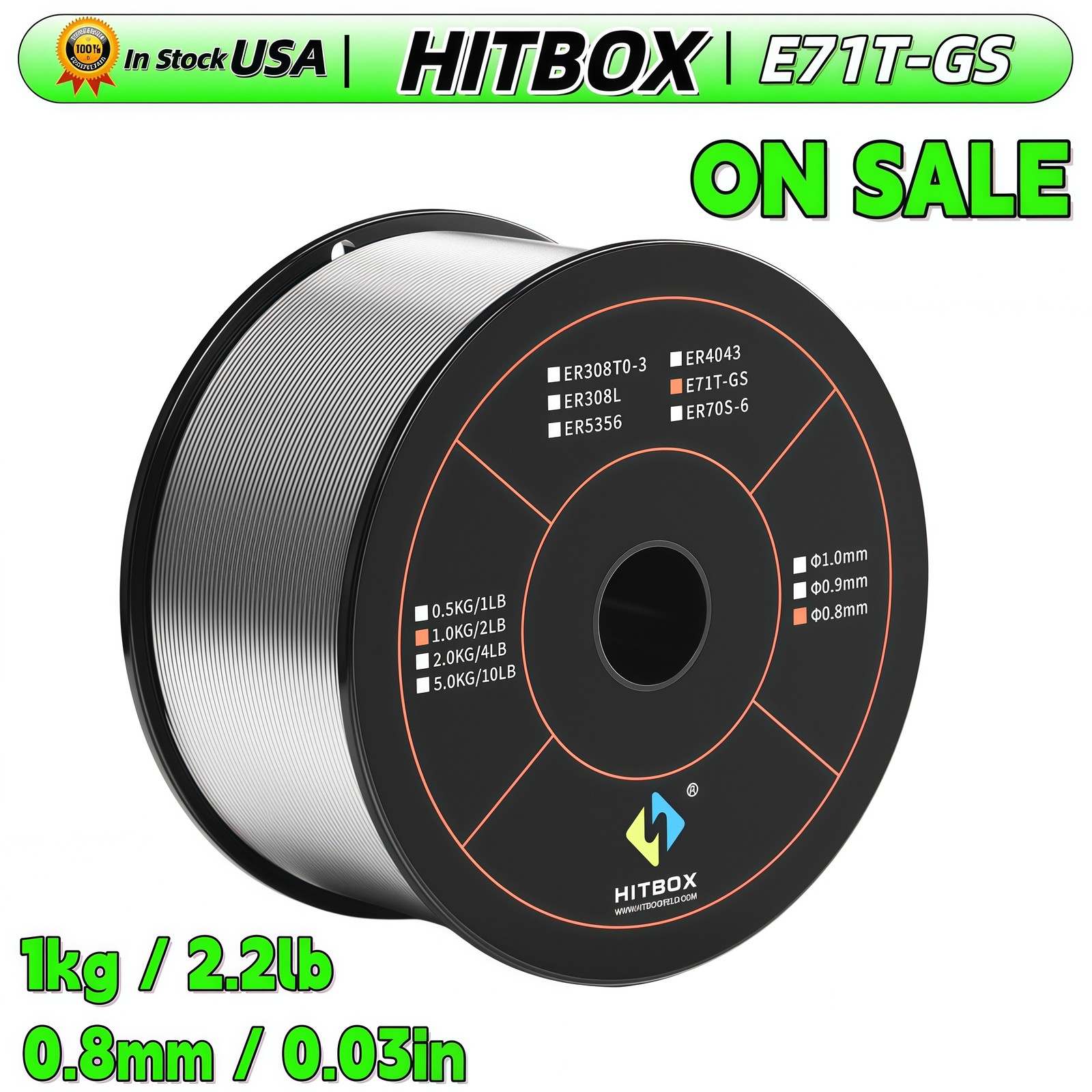 Welding Wire 1KG/2lb 0.8mm MIG Wire Flux Cored Wire for MAG Gasless Mig HITBOX