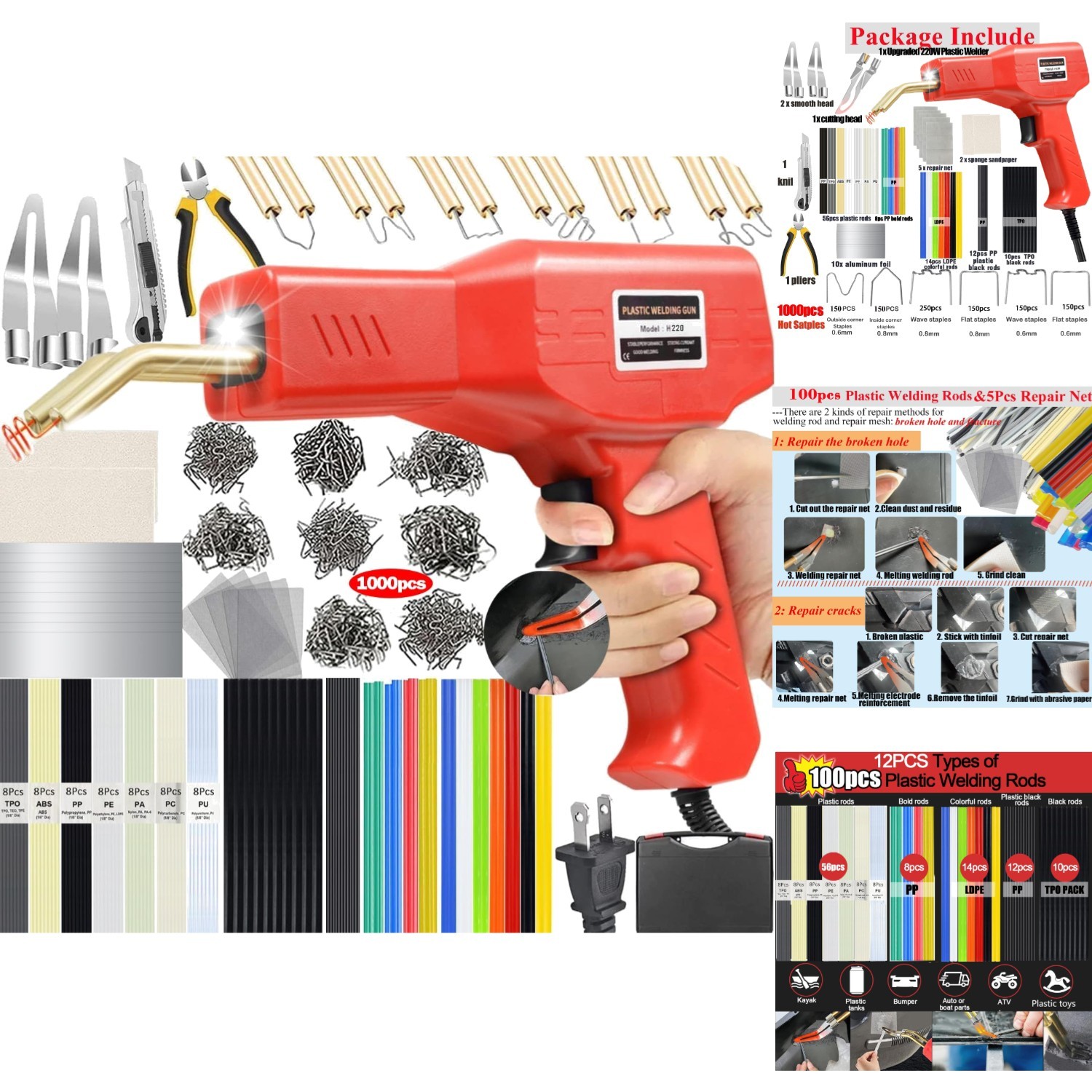 220W Plastic Welder Kit Hot Stapler Bumper Repair Gun 1000 Staples 100 Rods 2in1