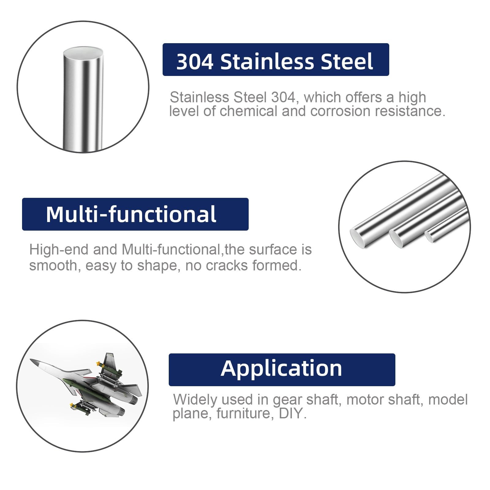 MewuDecor 3mm x 150mm 304 Stainless Steel Round Rod, x 150mm, Silver