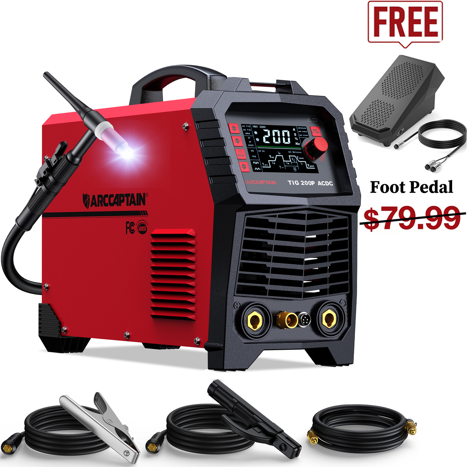 ARCCAPTAIN TIG Welder 200A AC/DC Pulse Aluminum 7 in 1 Stick/MMA/Spot 110V/220V