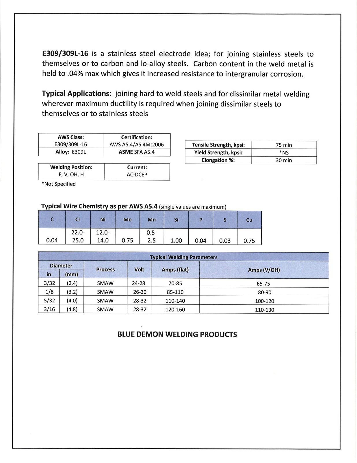 Blue Demon E309L-16 X 3/32″ X 12″ X 5LB Plastic Stainless Steel Arc