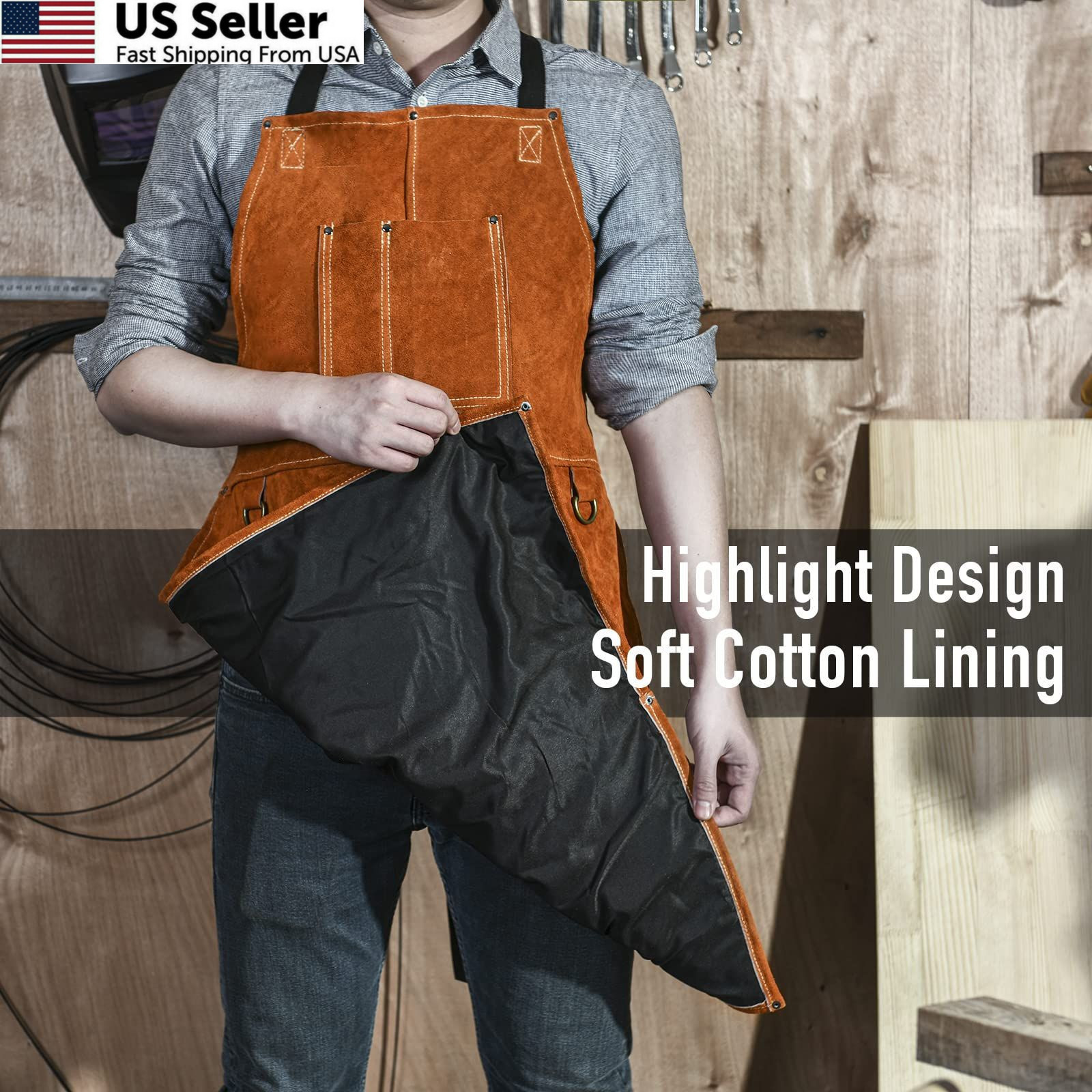 Leather Welding Work Apron – Heat Resistant & Flame 24″ X 36″, Tan