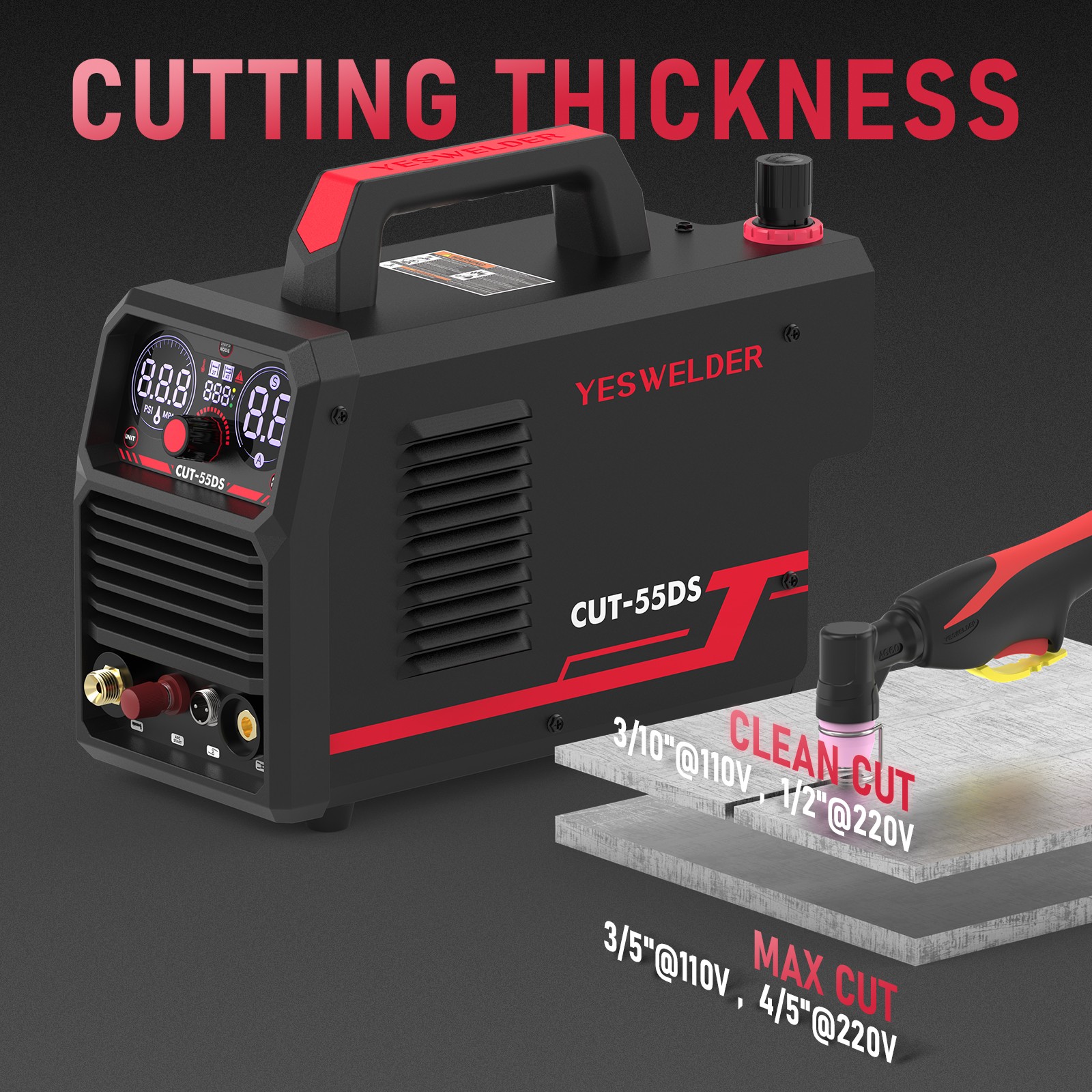 YESWELDER CUT-55DS: Helmet+Gloves+ETL, 55A Plasma Cutter 110V/220V
