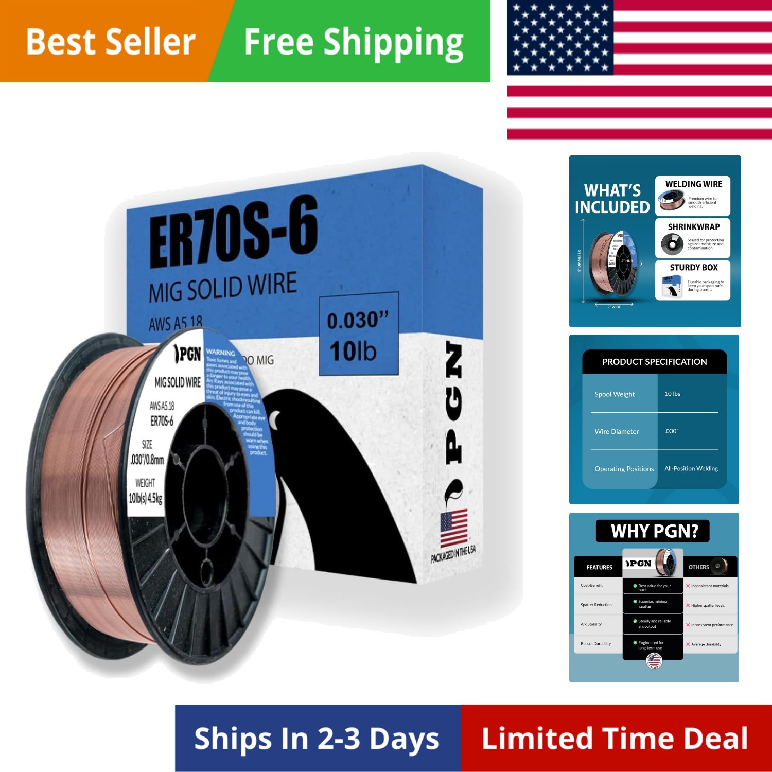 PGN Solid MIG Welding Wire – ER70S-6 .030 Inch – 10 Pound Spool – Mild Steel …