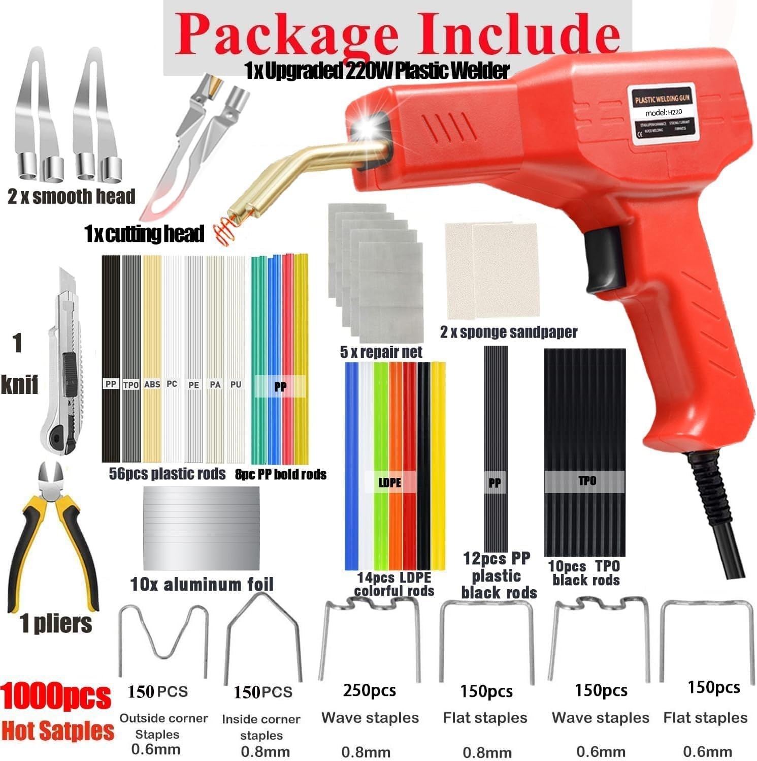 220W Plastic Welder Kit Hot Stapler Soldering Gun 1000 Staples Car Bumper Repair