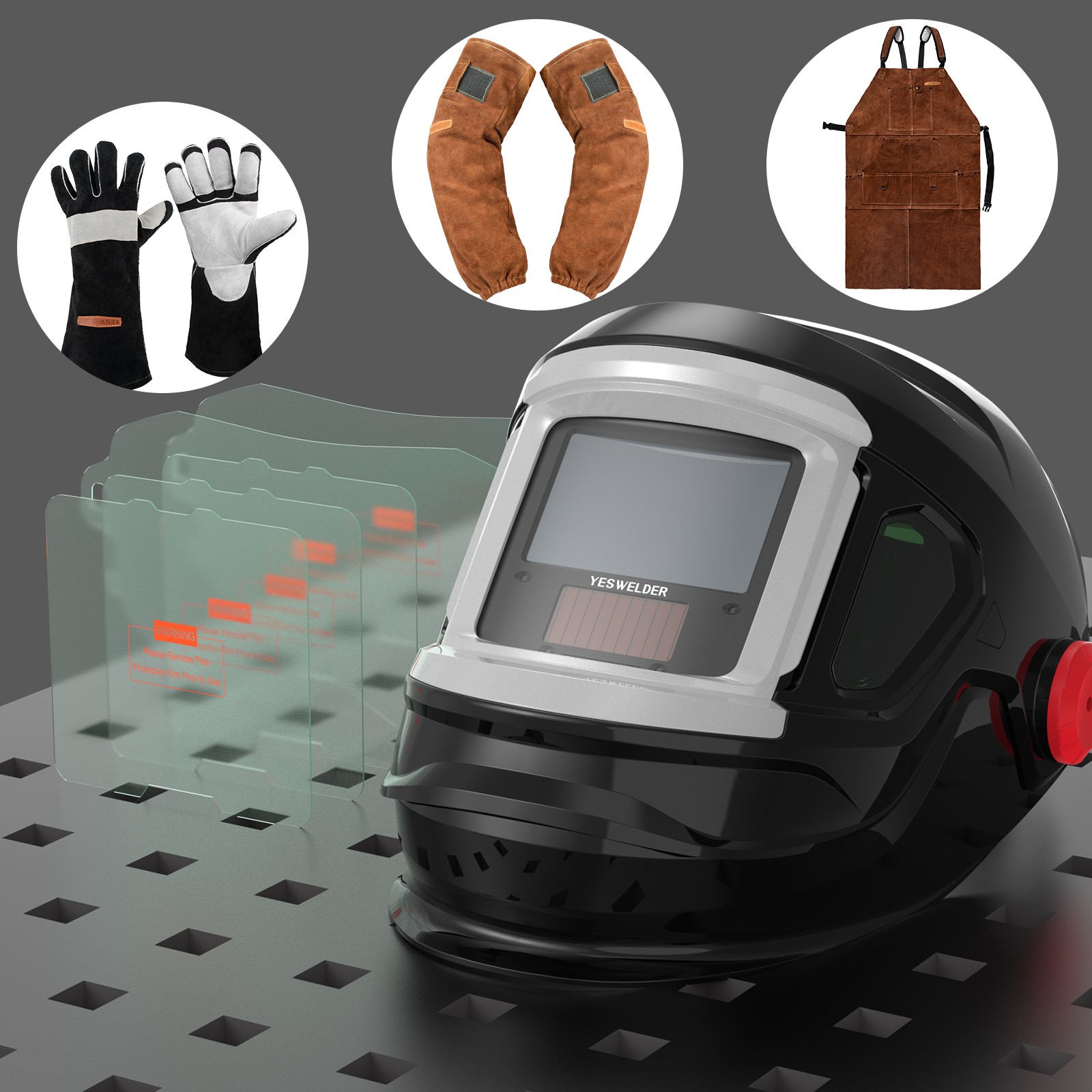 Auto Darkening Welding Helmet 1/1/1/1 TIG MIG ARC+Lens Gloves Sleeves Apron