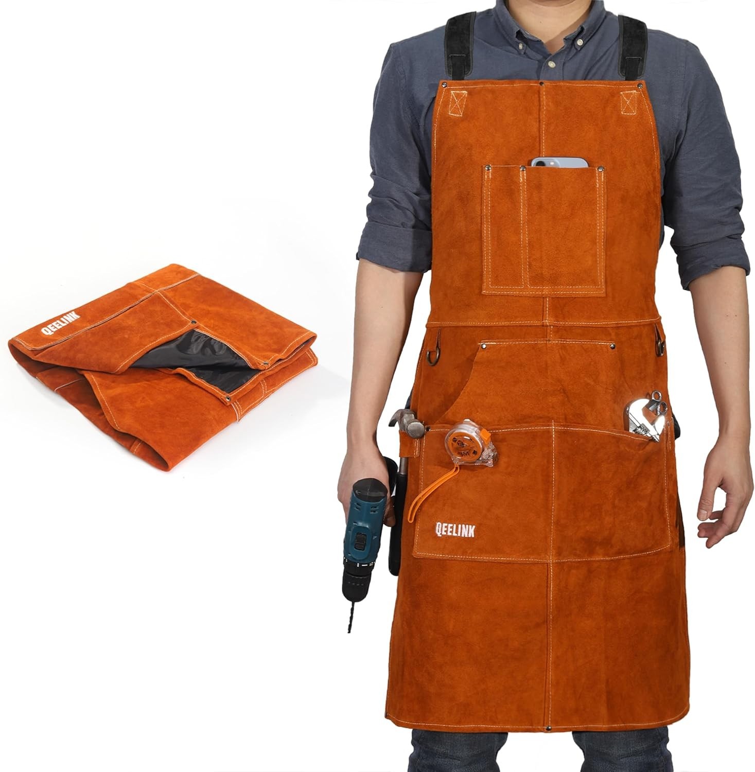 Leather Welding Work Apron with 6 Tool Pockets, Heat & Flame Resistant Welder…