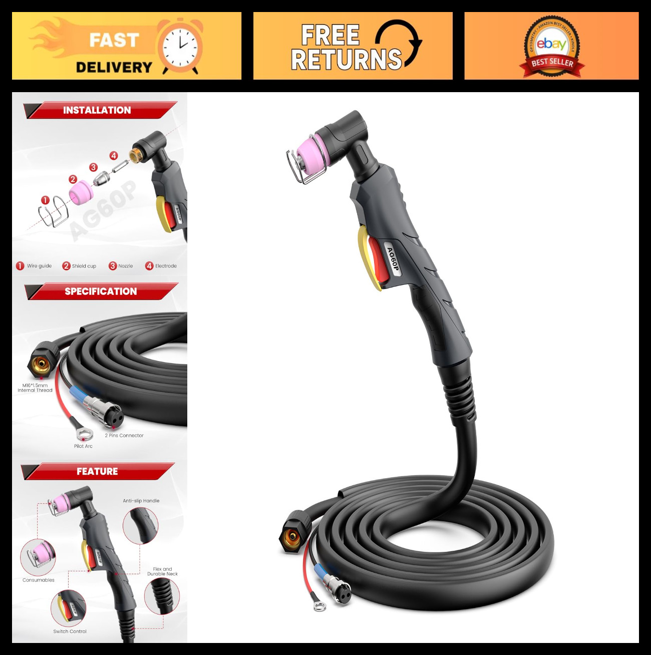 High-Frequency Plasma Cutting Torch AG60P, 4M Length, Compatible with BTC500DP &