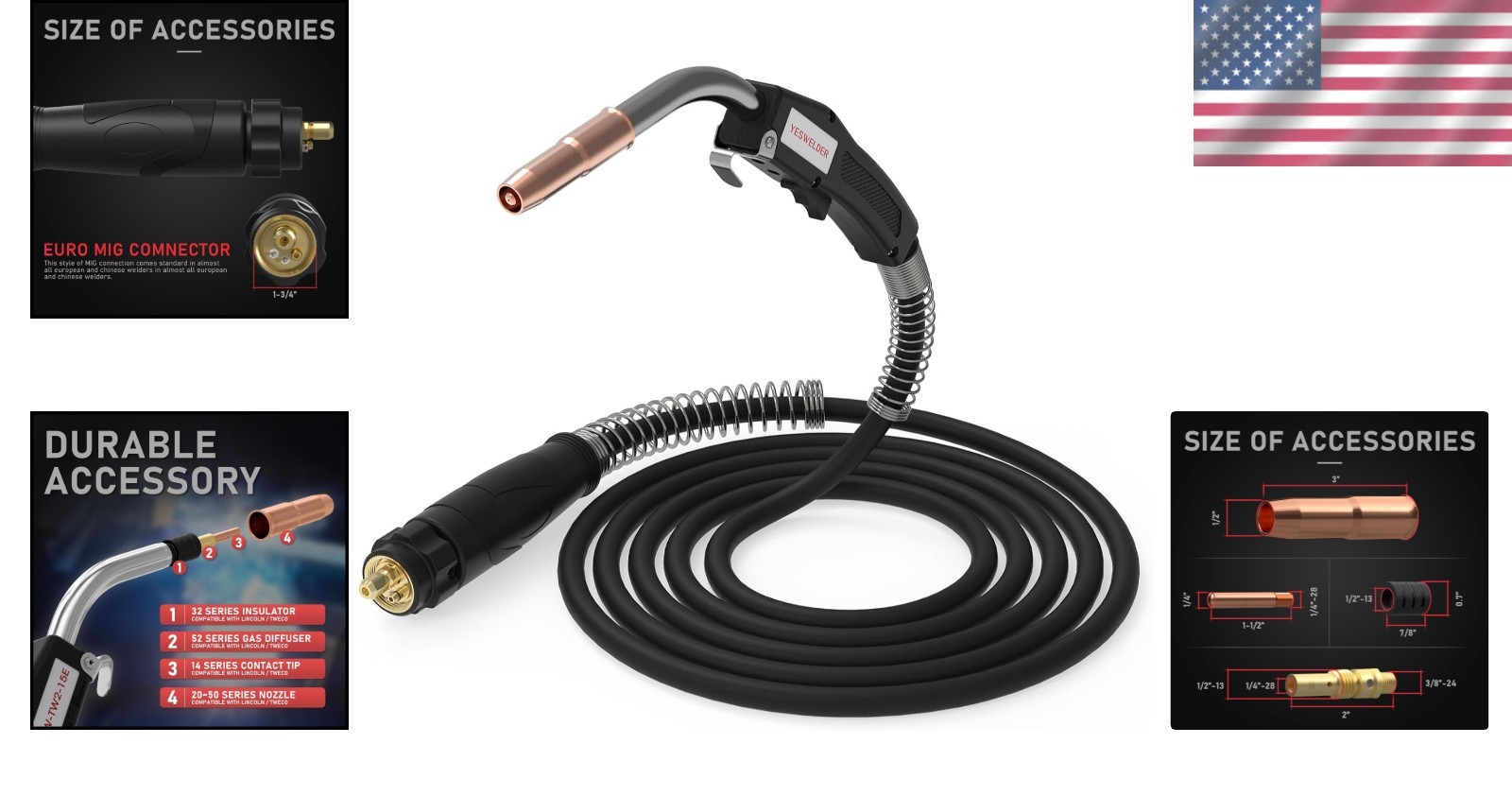 Effortless Setup 15ft 250A MIG Welding Gun with Euro Connection & Tips Included