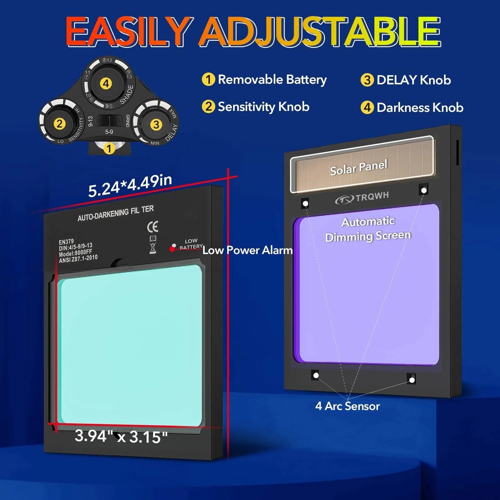 TRQWH Auto Darkening Welding Helmet True Color Solar & 3 Pcs Welding Caps
