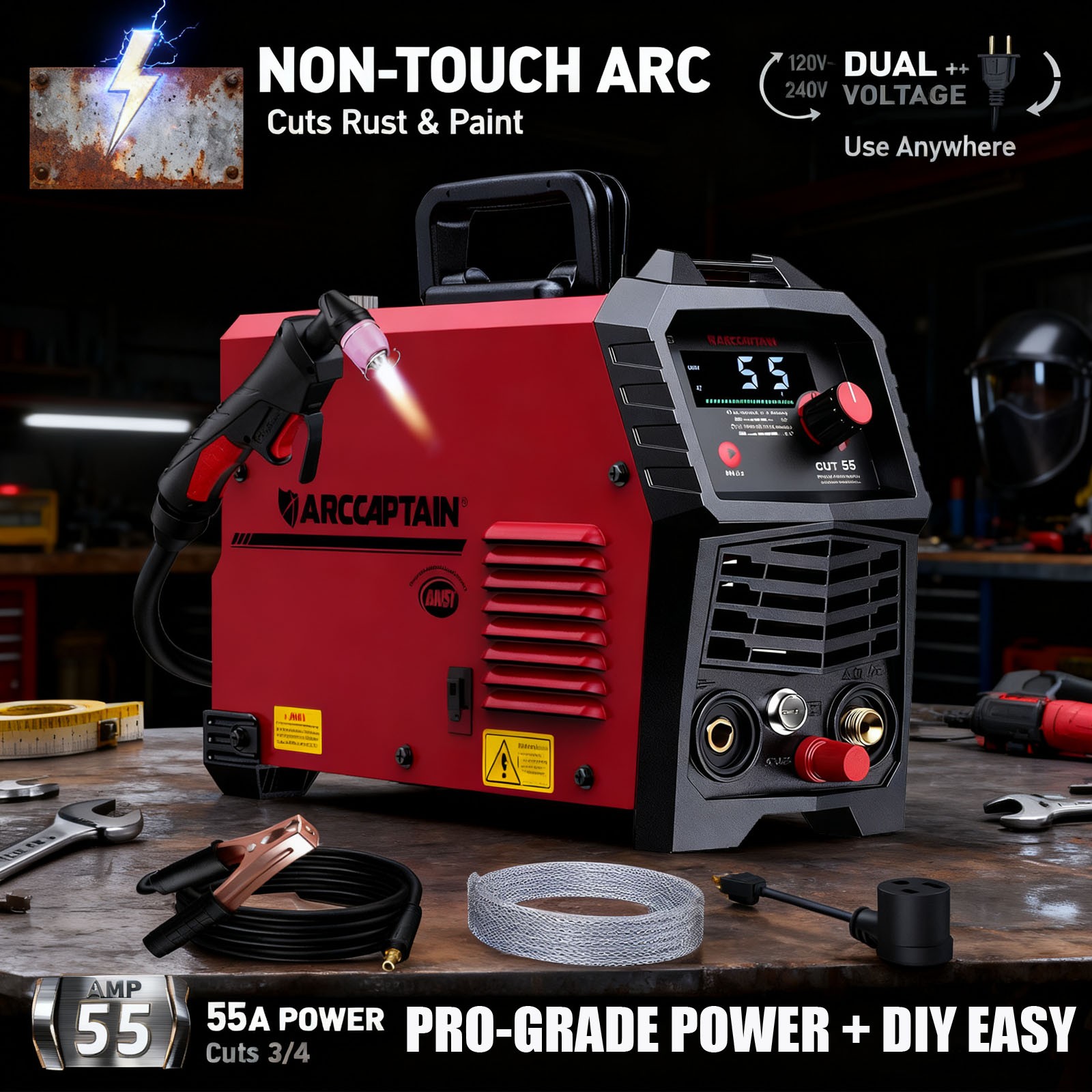 55A Plasma Cutter, Large LED Display, Non-Touch Pilot ARC Plasma Cutting Machine