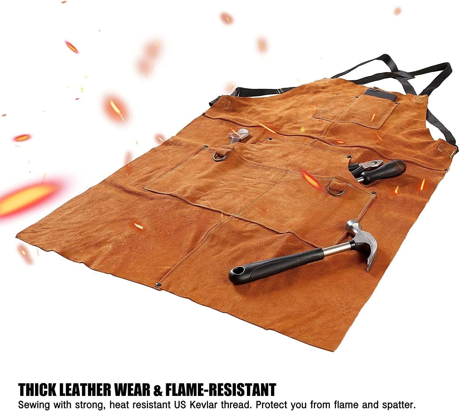 Leather Welding Work Apron with 6 Tool Pockets, Heat & Flame Resistant Welder…