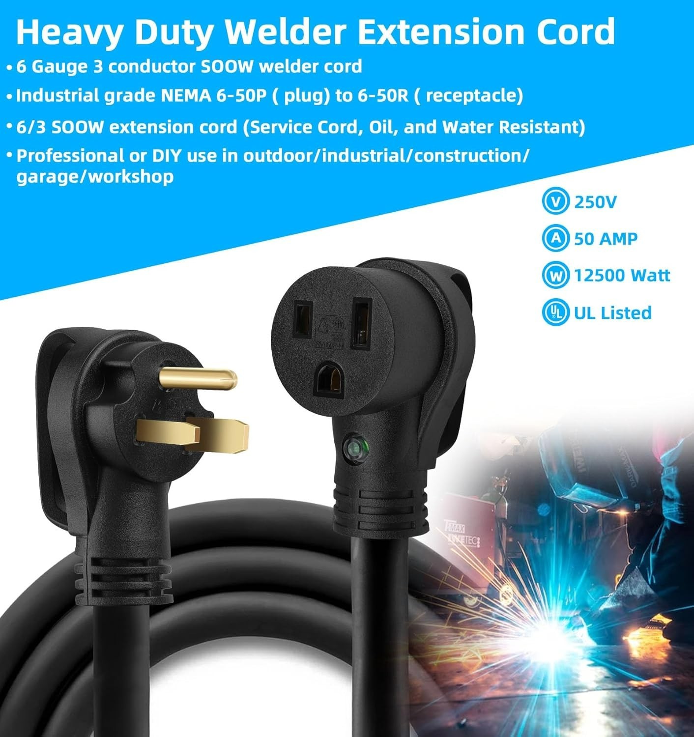 Welder Extension Cord 6 AWG 6/3 SOOW Cord,50 Amp Welding Power Extension 250V NE