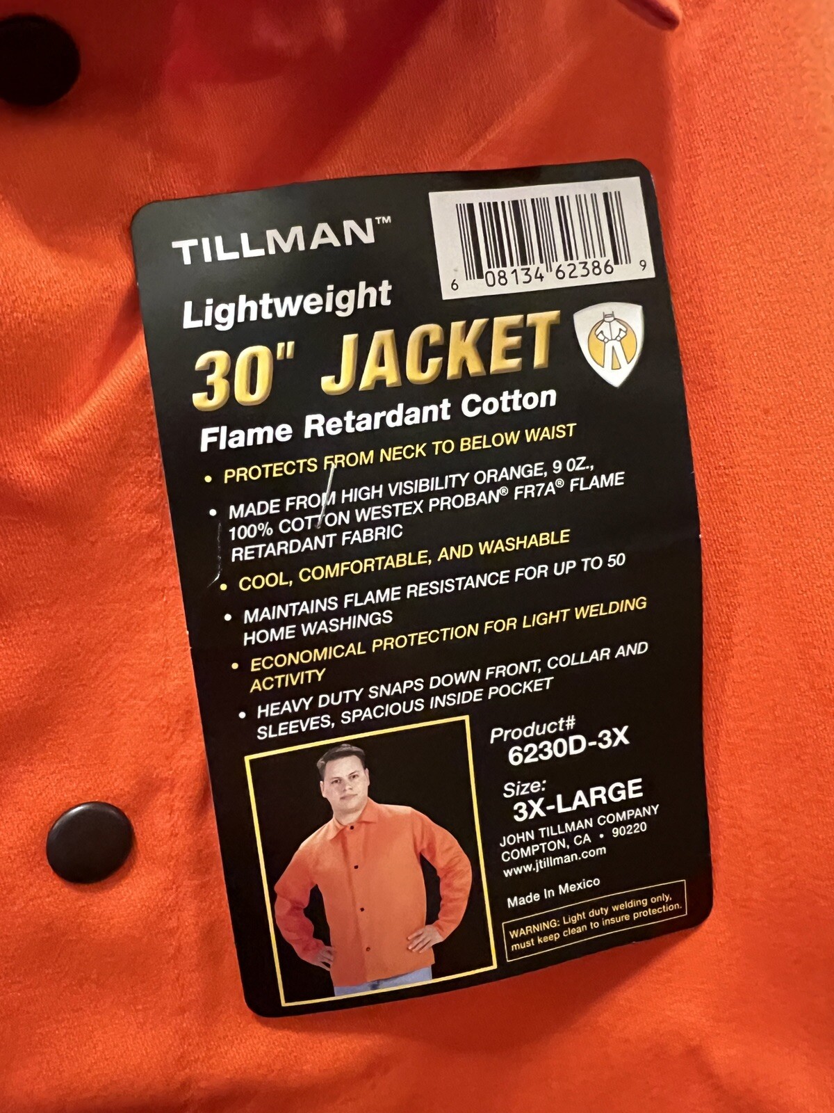 Tillman Lightweight High Vis Orange Flame Retardant Cotton Jacket XXX Large 3XL