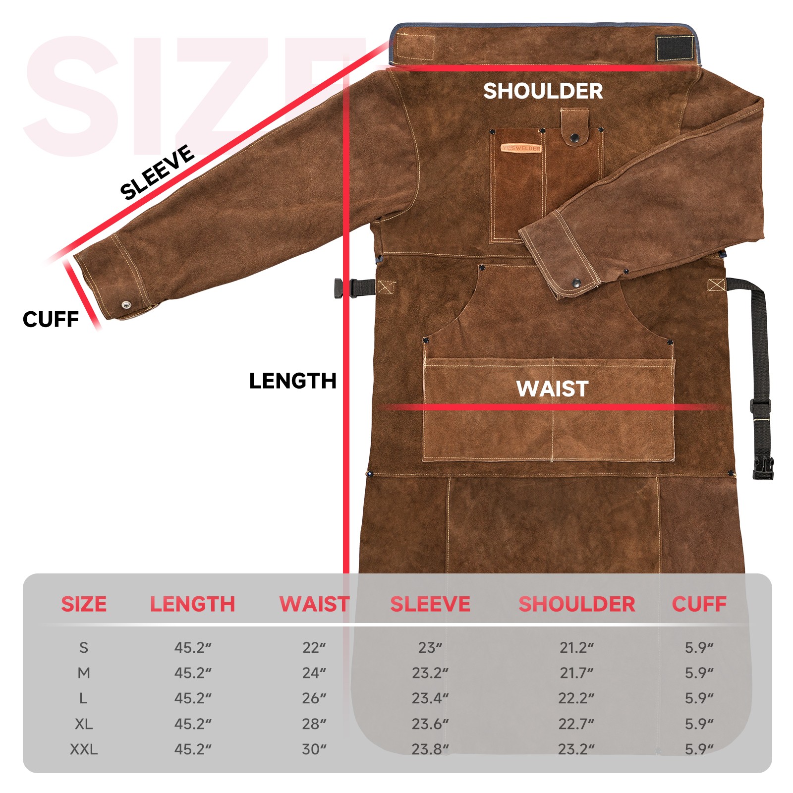 Heat Resistant Leather Welding Apron with Sleeve & 6 Pockets, Brown