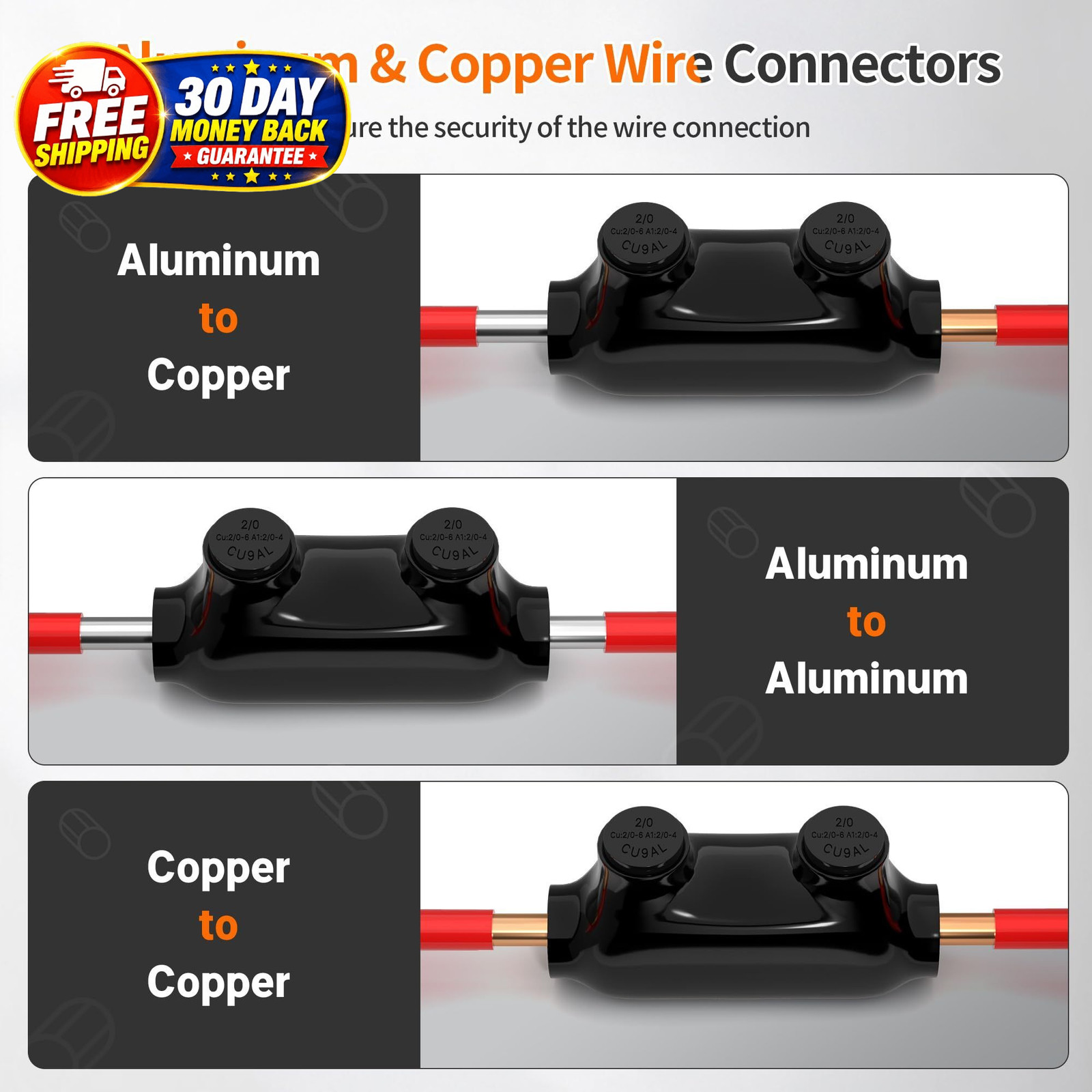 Insulated Inline Splice Connector 2/0-6 Gauge Aluminum to Copper Wire 6 Pack