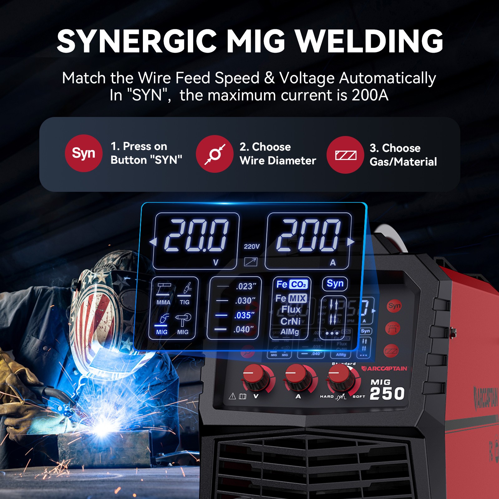 ARCCAPTAIN MIG250 6 in 1 Multi Process Welding Machine MIG/Stick/Lift TIG Welder