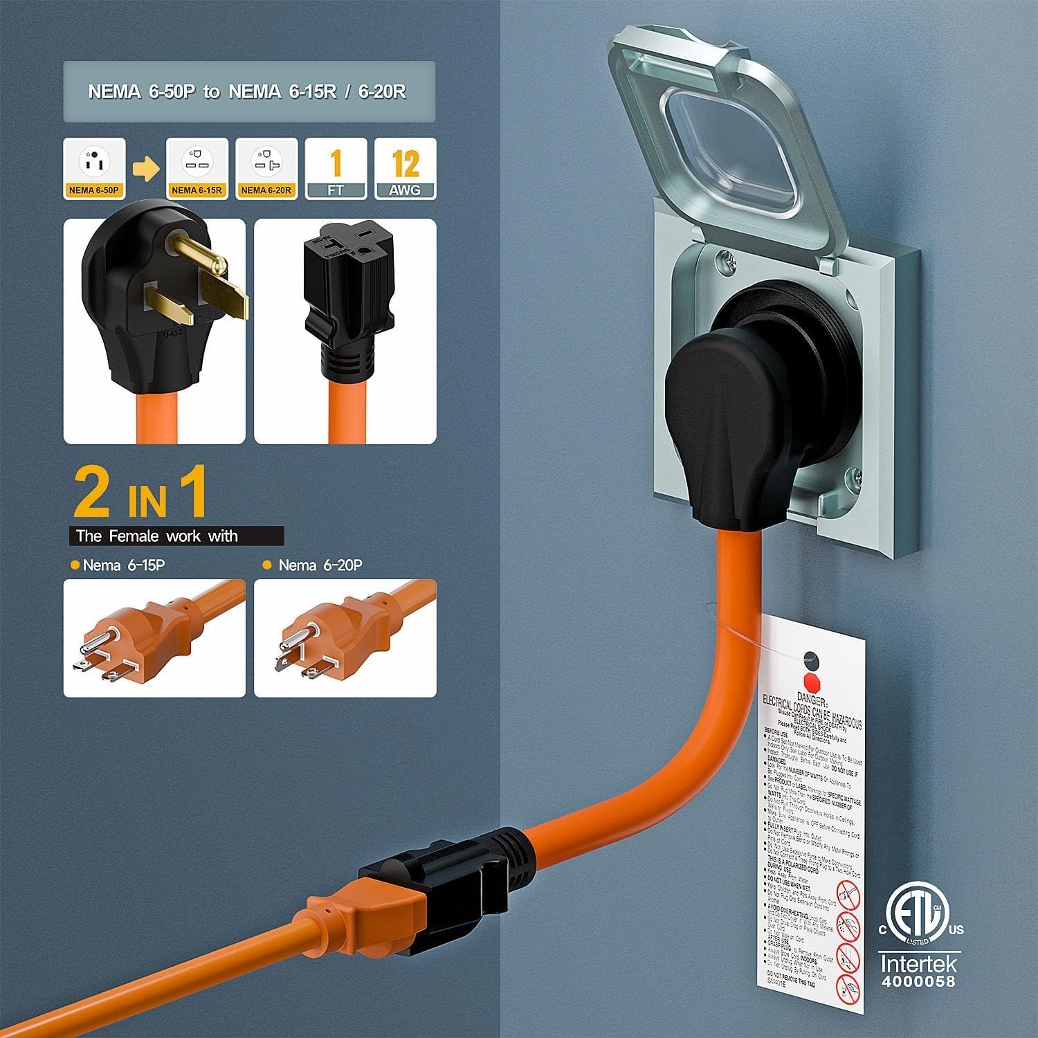 1.5FT Nema 6-50P to 6-15R/6-20R Welder Power Adapter Cord 6-50P 50-Amp to 6-2…