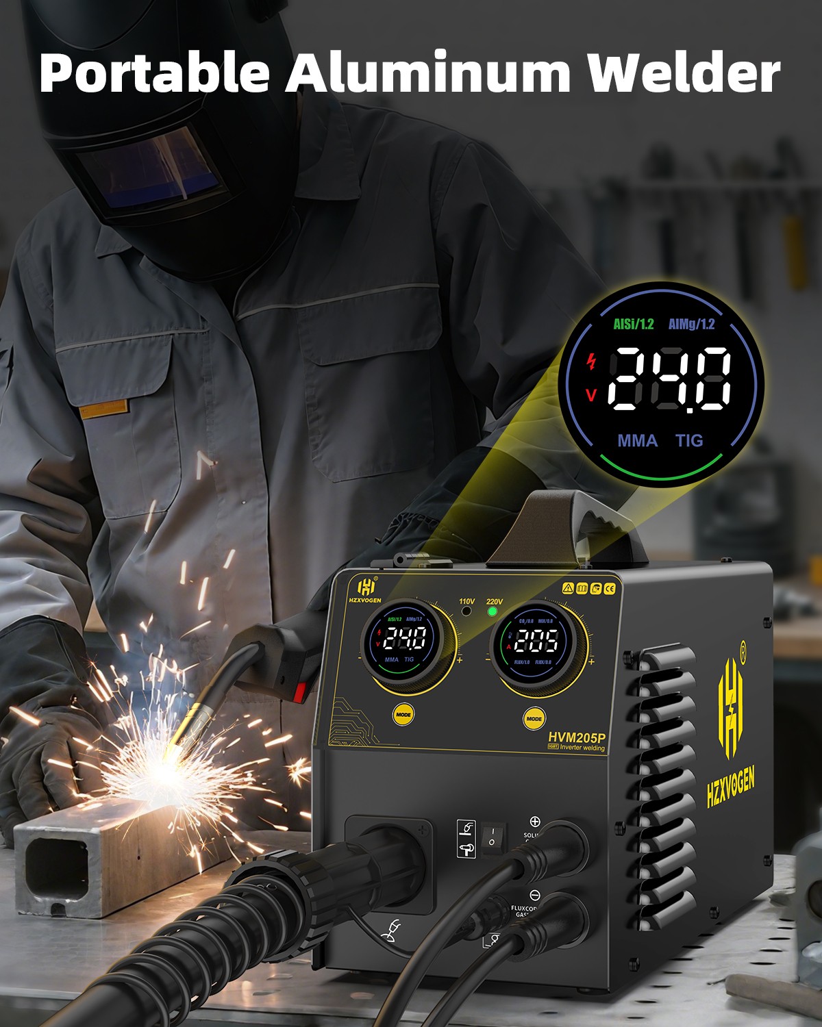HZXVOGEN 5in1 HVM205P 150A Welder Dual Round Screen 110~220V Dual Voltage Black