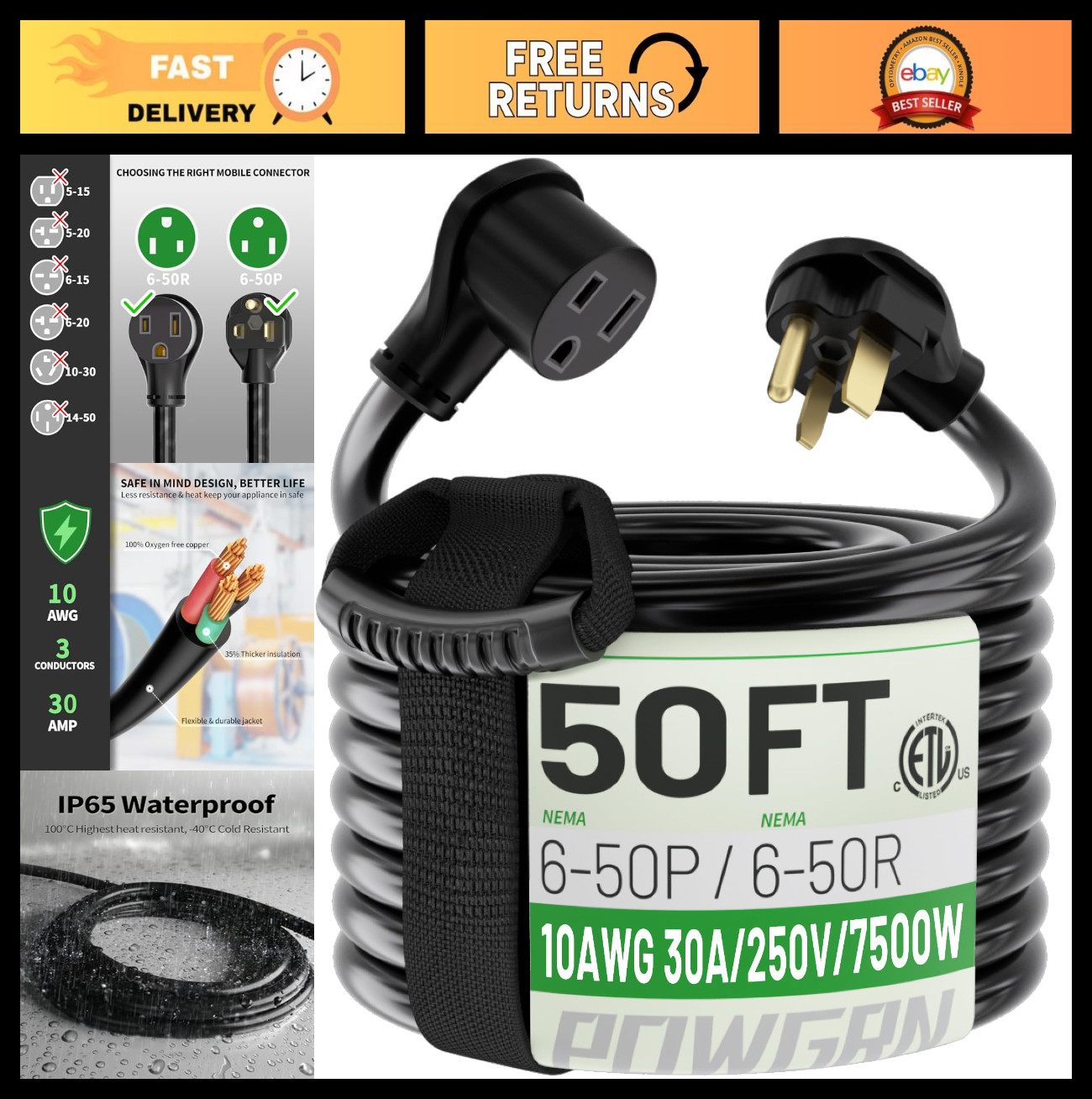 30 AMP 50ft Welder Extension Cord, Heavy Duty 10 Gauge 250V NEMA 6-50, 3 Prong S