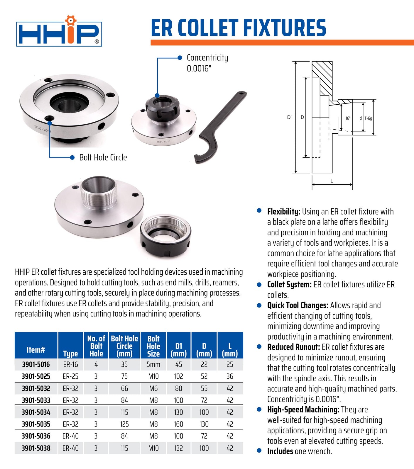 Hhip 3901-5016 Er-16 Collet Chuck 45 Mm Diameter