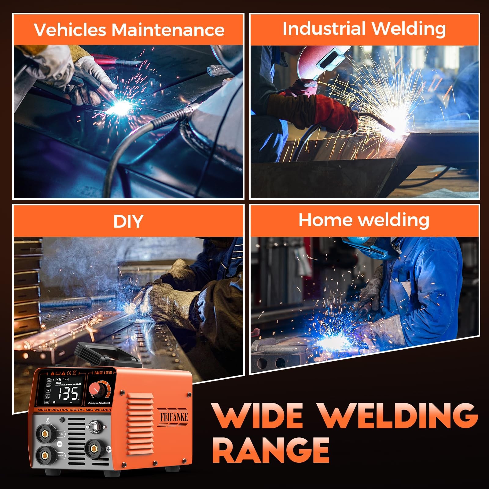 135A MIG Welder, Potable Stick/Lift TIG/Flux Core MIG 3 In 1 Multiprocess Flux