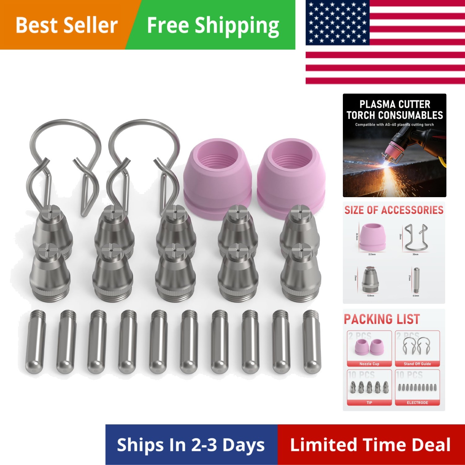 24PCS AG-60 Plasma Cutter Torch Consumables KitStandard/ 10 x .040” Nozzles …